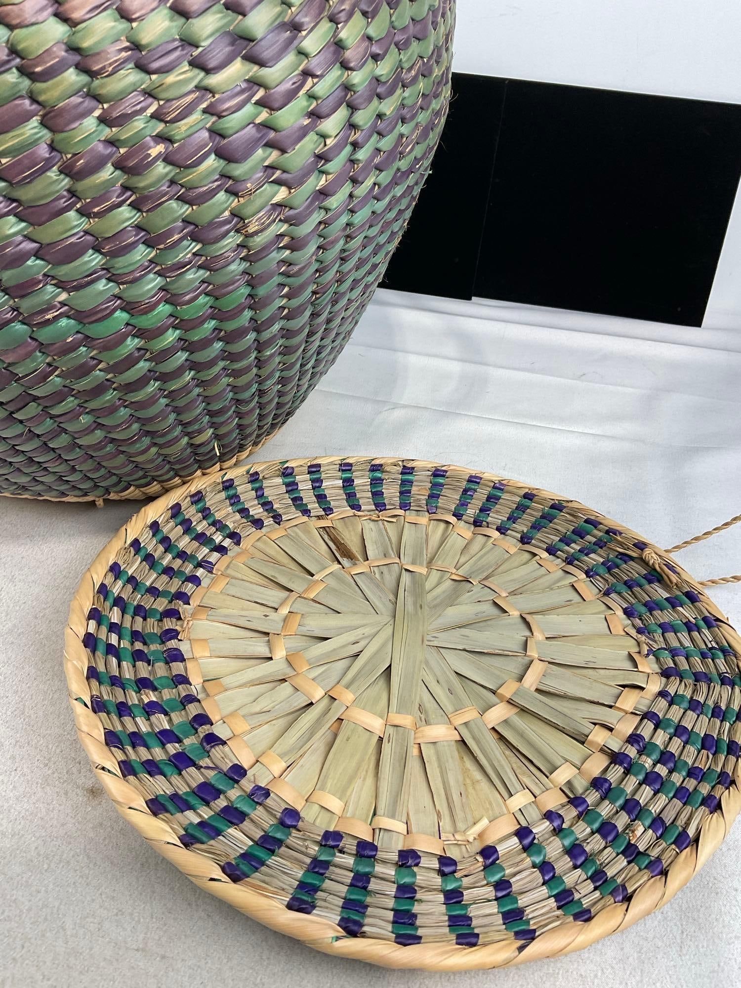 Large Lidded Handwoven Basket w/Handles, Blue & Purple pattern, approx 17x19x19 inches - 7