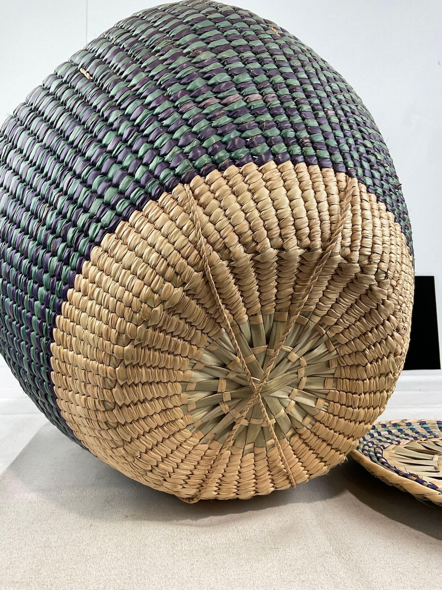Large Lidded Handwoven Basket w/Handles, Blue & Purple pattern, approx 17x19x19 inches - 8