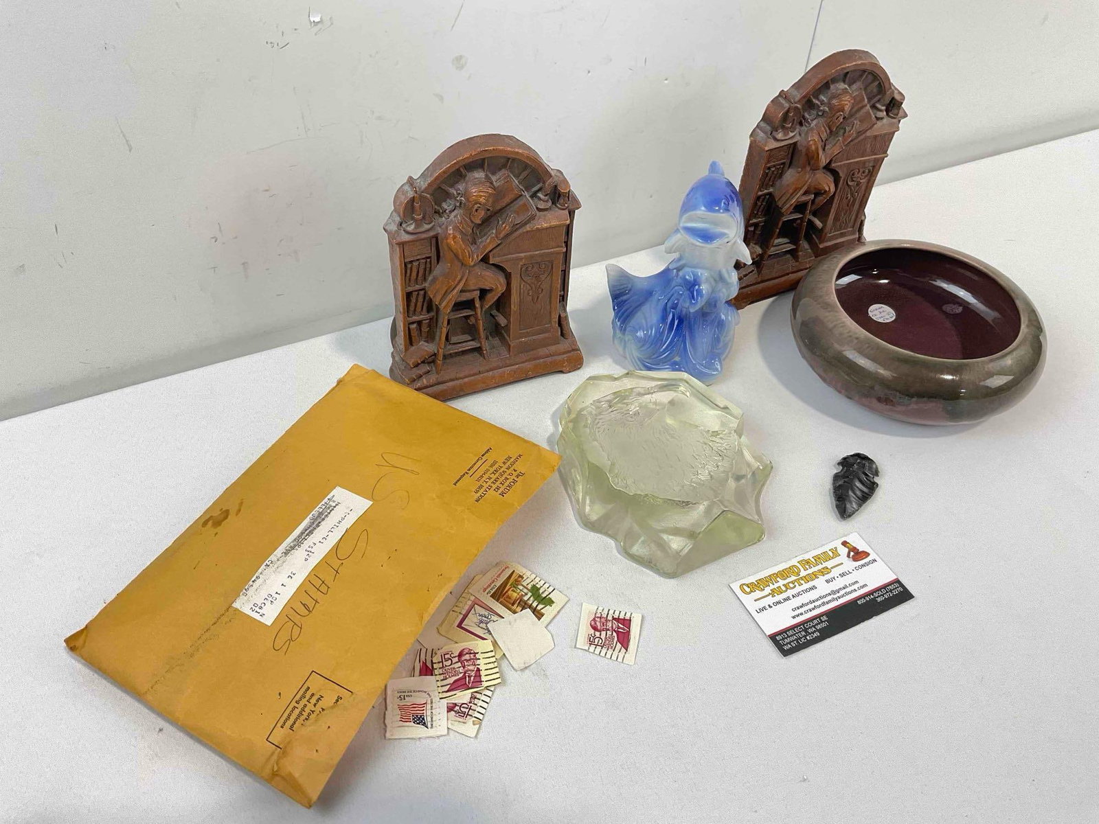 7 pcs Vintage Collectibles Assortment, incl. Ceramic Bowl, Stamps, Resin Bookends & More! - 2