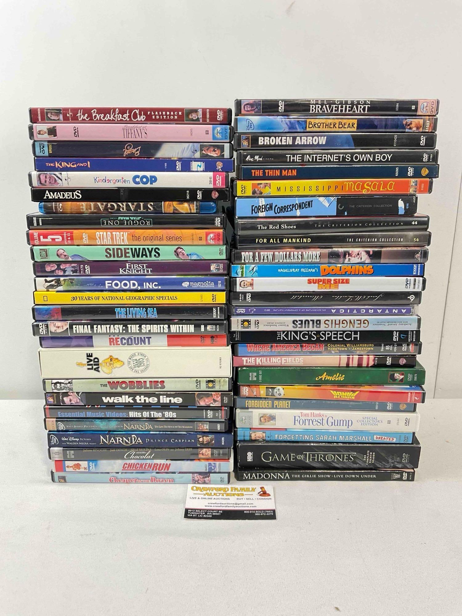 50 pcs DVD Movie & TV Show Collection, incl. Game of Thrones, Star Wars Rogue One & More!: 50 pcs DVD Movie & TV Show Collection, incl. Game of Thrones, Star Wars Rogue One & More! Not all discs have been checked, sold in as is condition. Fits in box measuring 12" x 12" x 12" DM-620