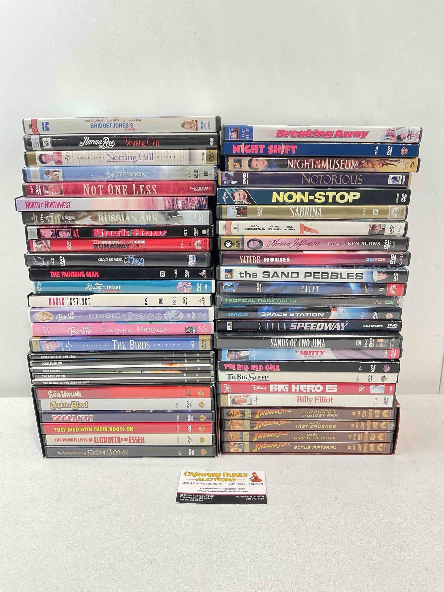 50 pcs DVD Movie Collection, incl. Indiana Jones, North by Northwest, The Notebook & More!: 50 pcs DVD Movie Collection, incl. Indiana Jones, North by Northwest, The Notebook & More! Not all cases have been checked, sold in as is condition. Fits in box measuring 12" x 12" x 12" DM-6200