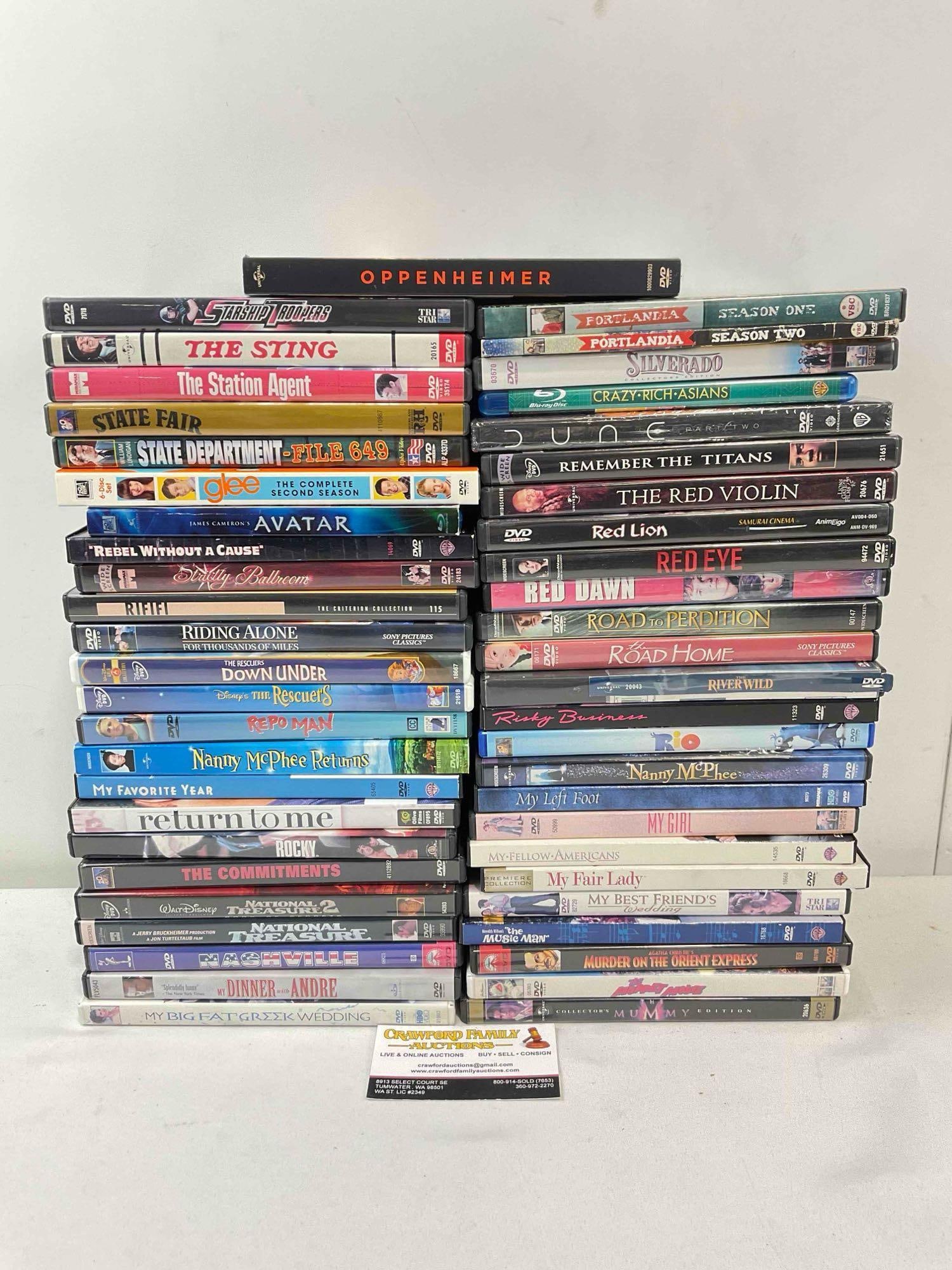 50 pcs DVD Movie & TV Show Collection, incl. Oppenheimer, Avatar, Rio, The Mummy & More!: 50 pcs DVD Movie & TV Show Collection, incl. Oppenheimer, Avatar, Rio, The Mummy & More! Not all cases have been checked, sold in as is condition. Fits in box measuring 12" x 12" x 12" DM-6200