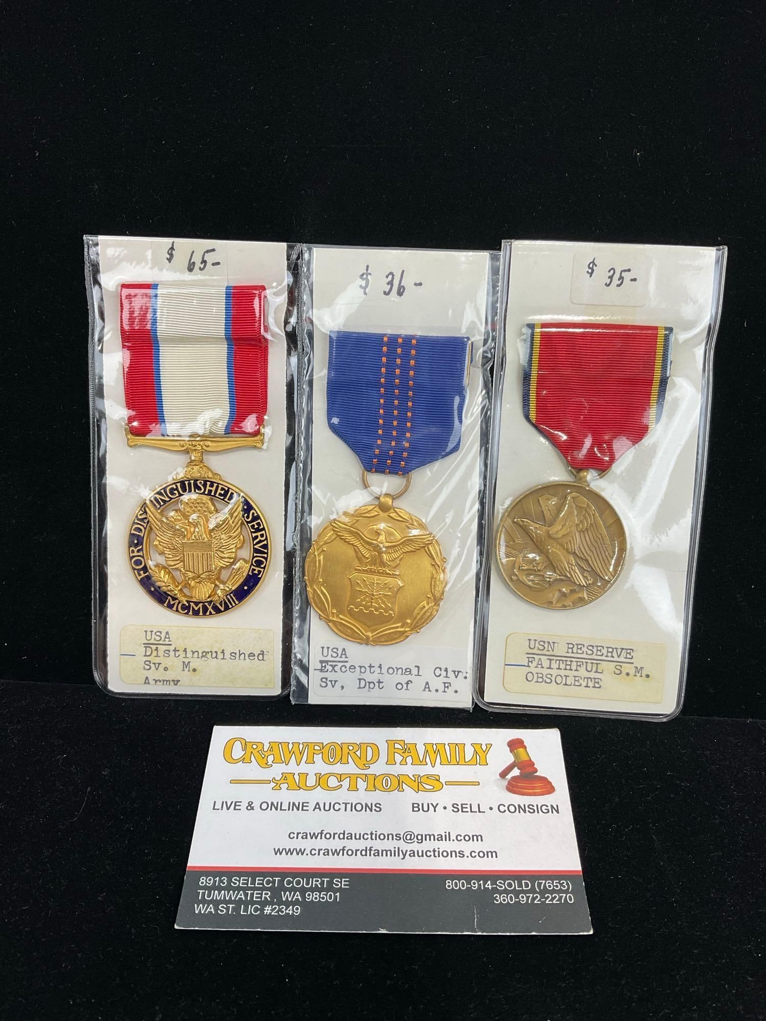 3 US Medals, Distinguished Service Medal, Exceptional Civil Service Dpt of A.F & Faithful Service...: All from a single collection, these are briefly described on the tag and were kept in a display. They measure approx 6h x 3w x 2d inches. See pics. E-414