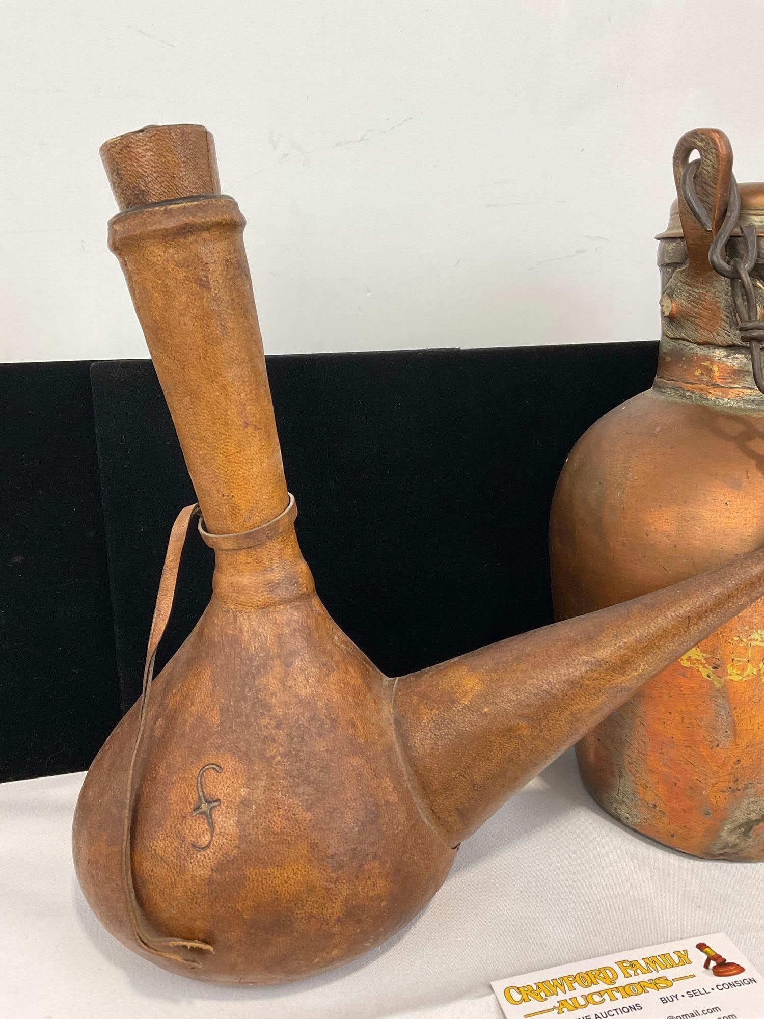 Artesania Raymon Leather Wrapped Porron Bottle Made in Spain & Indian Brass & Copper Canteen - 2