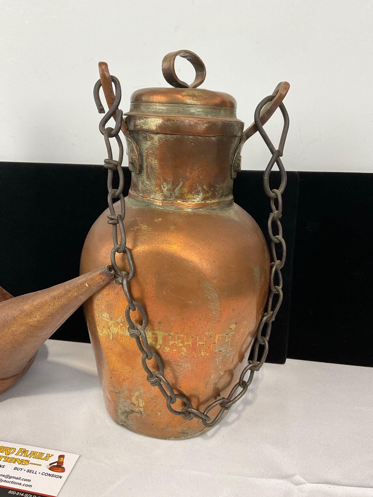 Artesania Raymon Leather Wrapped Porron Bottle Made in Spain & Indian Brass & Copper Canteen - 3