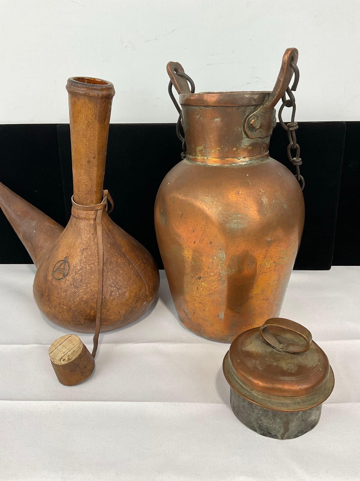 Artesania Raymon Leather Wrapped Porron Bottle Made in Spain & Indian Brass & Copper Canteen - 4