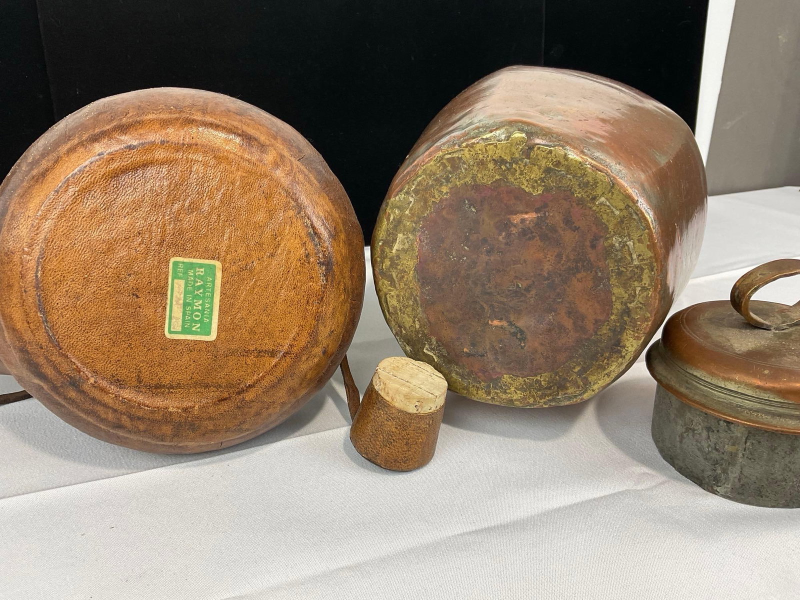 Artesania Raymon Leather Wrapped Porron Bottle Made in Spain & Indian Brass & Copper Canteen - 5