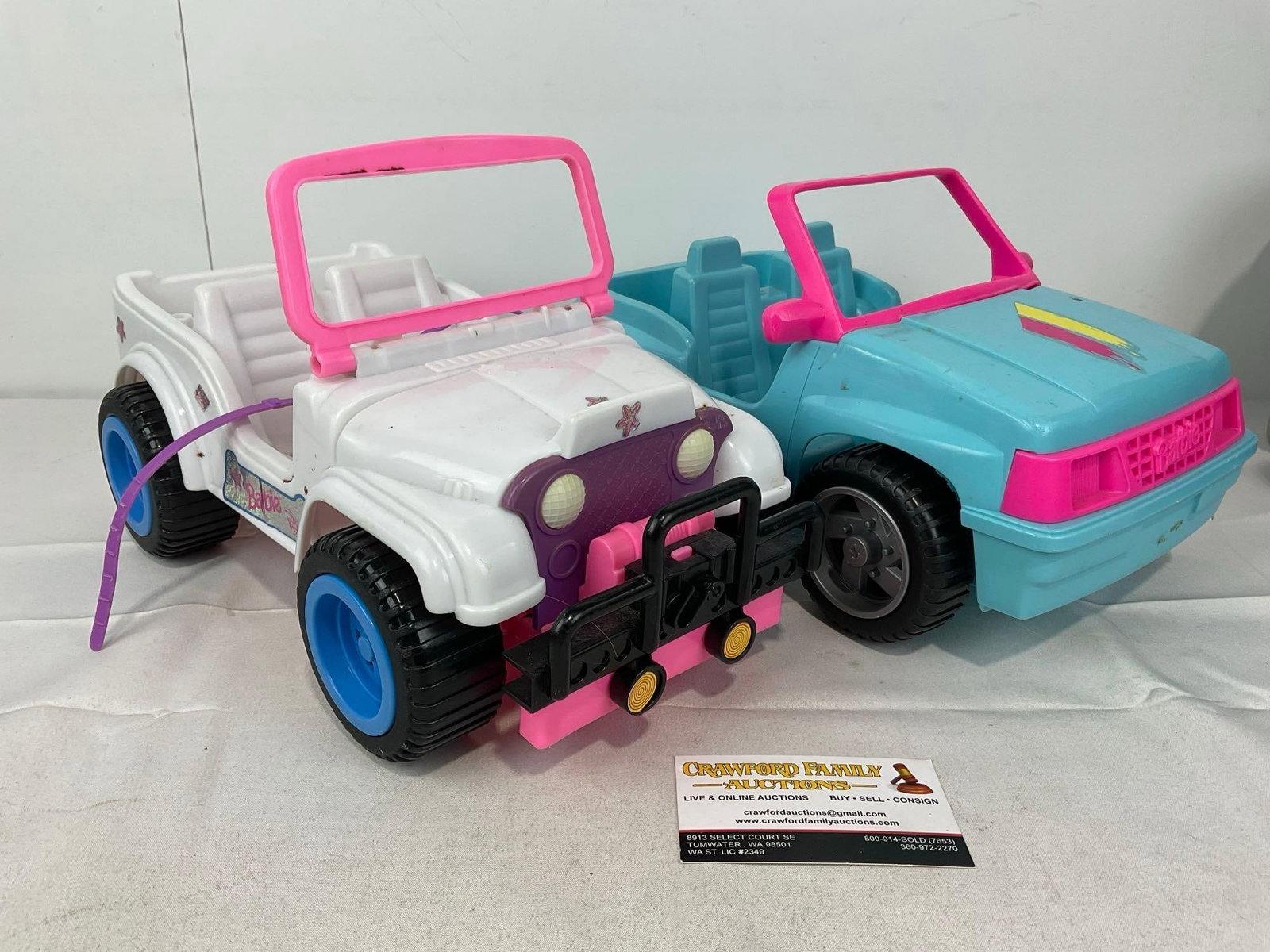 Pair of Barbie Jeeps, White 1987 Arco Mattel Beach Blast & Blue 1994 Mattel Barbie Beach Cruiser: Appears to be in good shape. The pieces together measures approx 12h x 14w x 9d inches. See pics. E-414