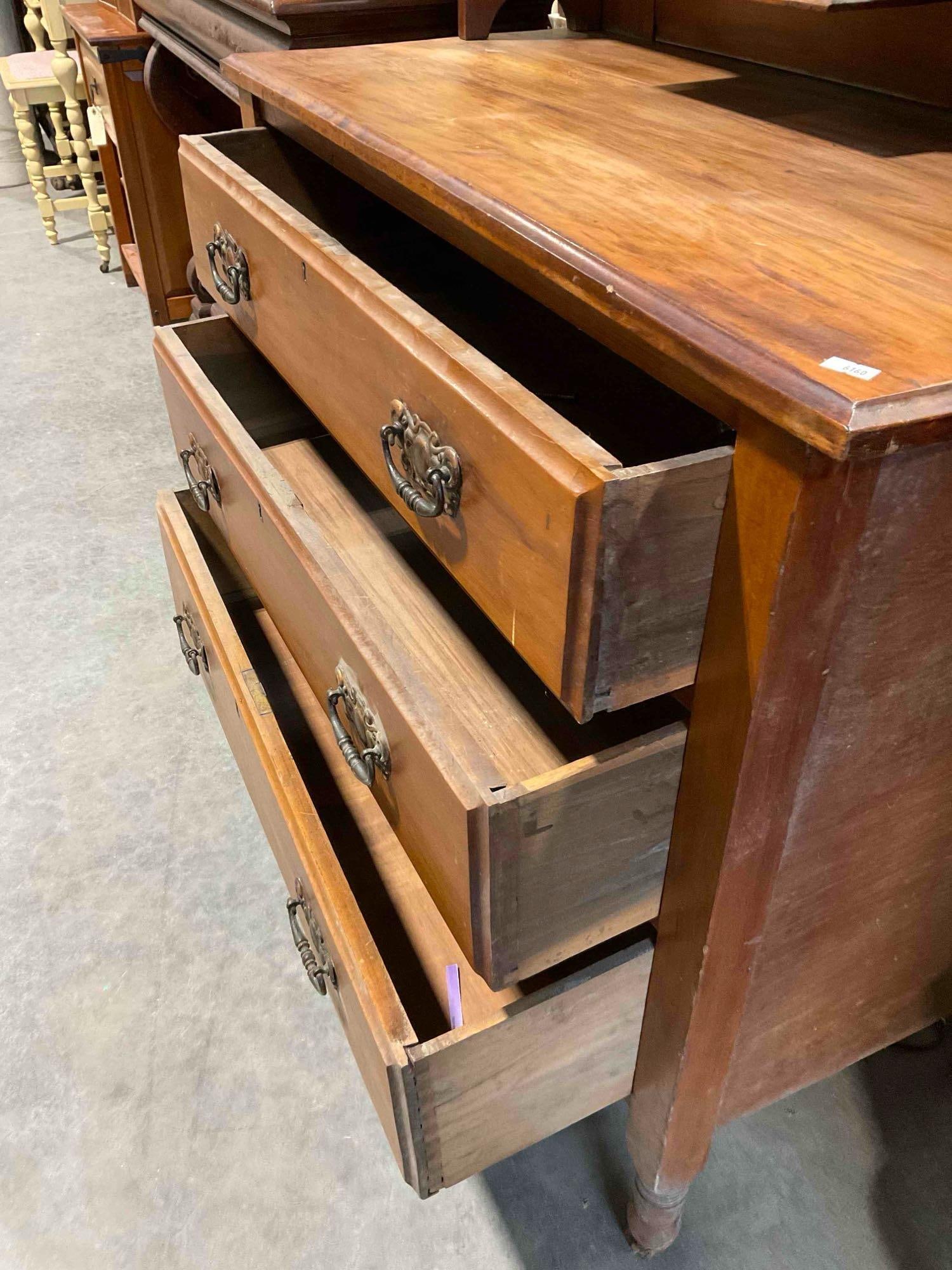 Antique C-1900 Edwardian Satin Walnut Wood Vanity Dresser w/ Fold Open Triple Mirror. See pics. - 8