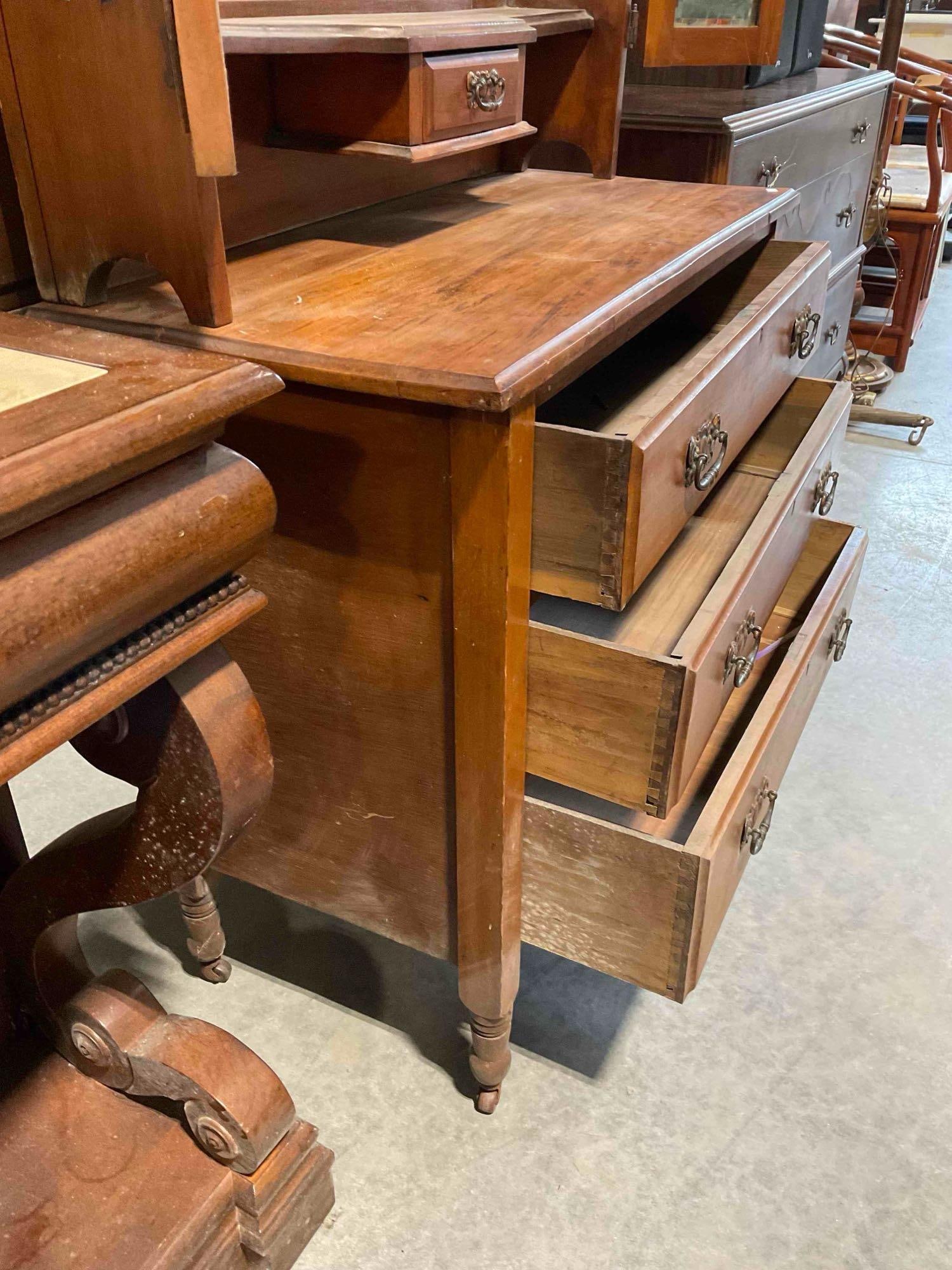 Antique C-1900 Edwardian Satin Walnut Wood Vanity Dresser w/ Fold Open Triple Mirror. See pics. - 9