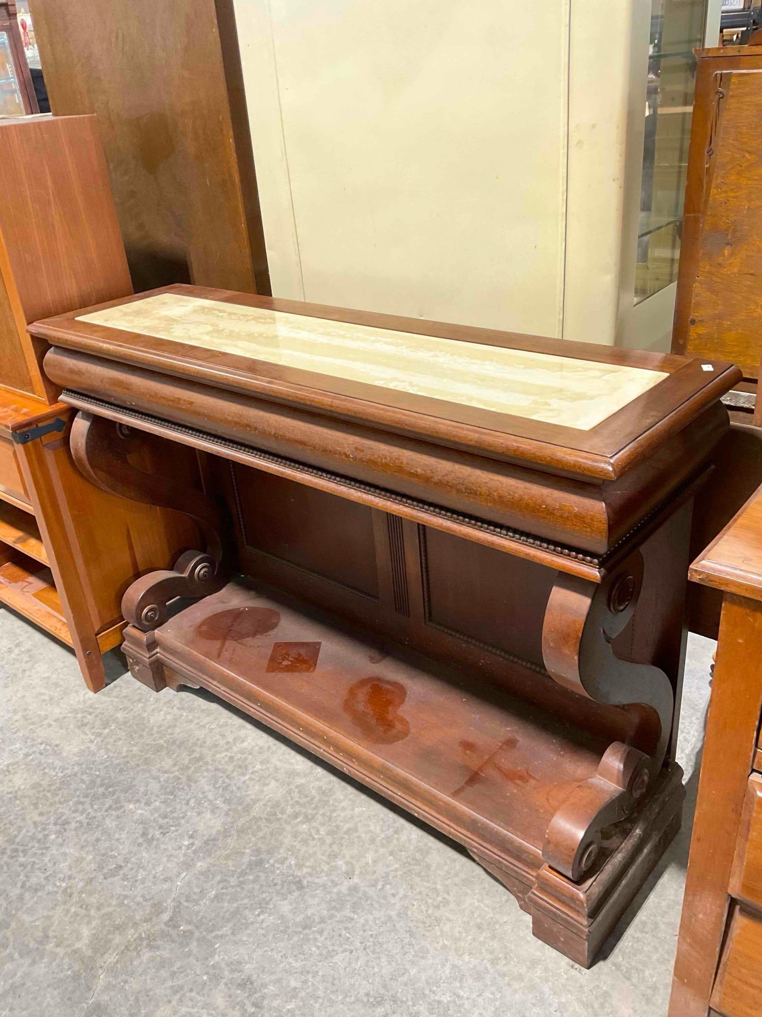 Vintage Empire Revival Mahagony Wood Console Table w/ Cream Stone Insert. Fair Condition. - 2
