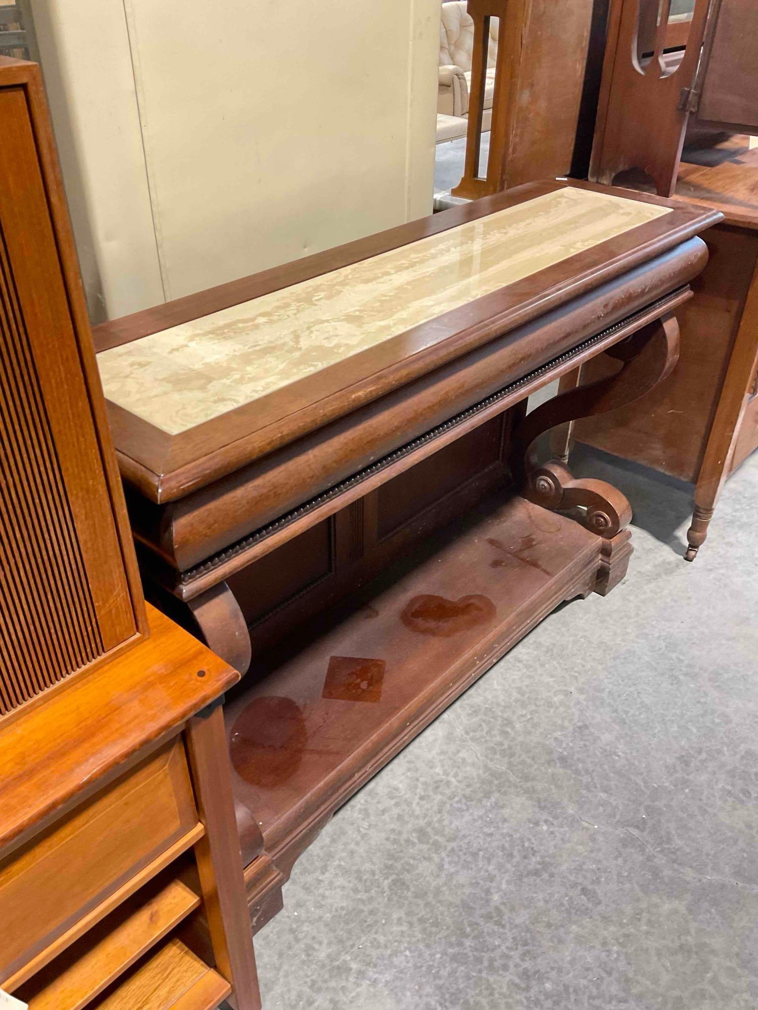 Vintage Empire Revival Mahagony Wood Console Table w/ Cream Stone Insert. Fair Condition. - 3