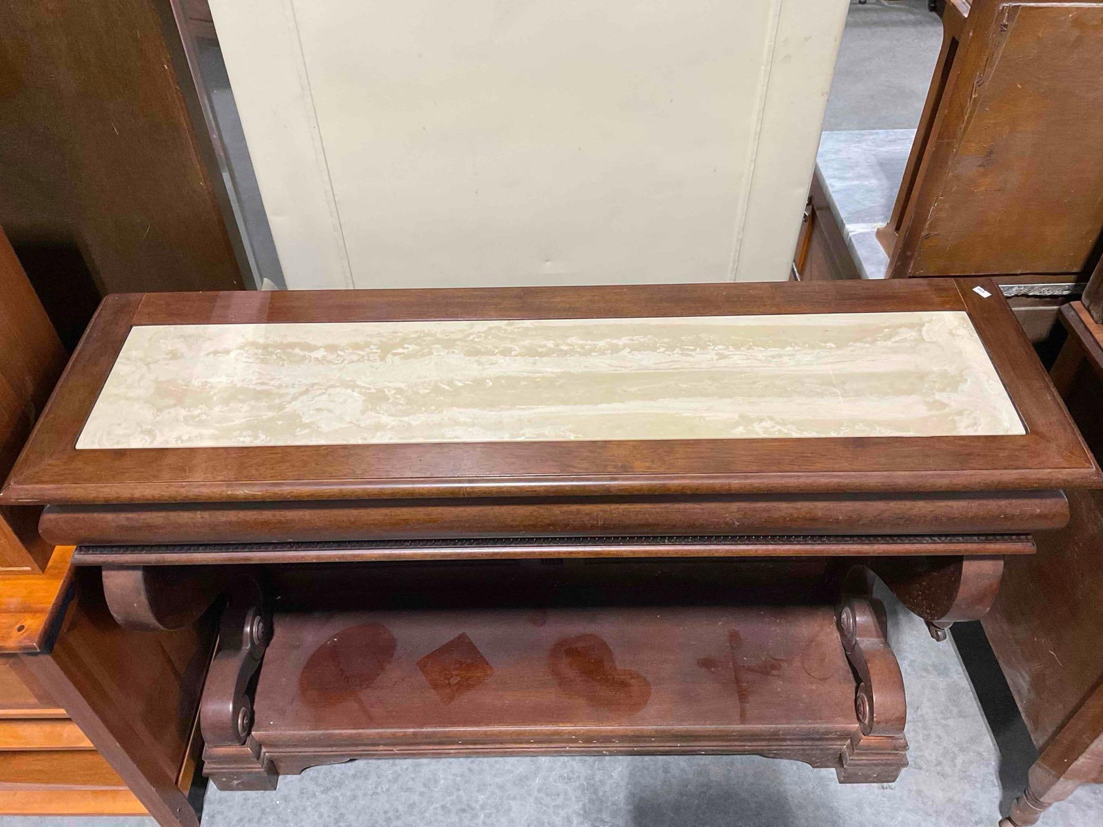 Vintage Empire Revival Mahagony Wood Console Table w/ Cream Stone Insert. Fair Condition. - 4