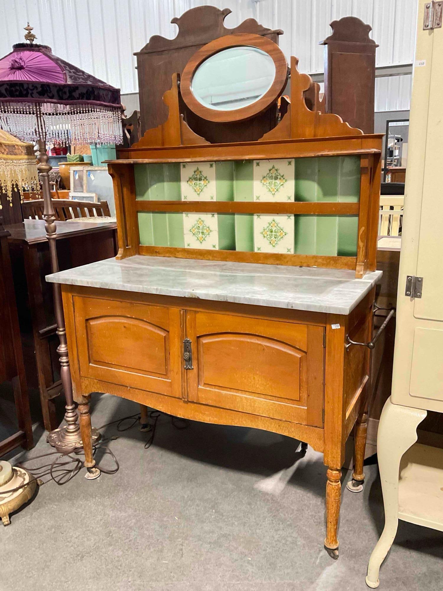 Antique Arts & Crafts Walnut Wood Washstand w/ Gray Marble Top, Green Tile Backsplash & Mirror. - 2