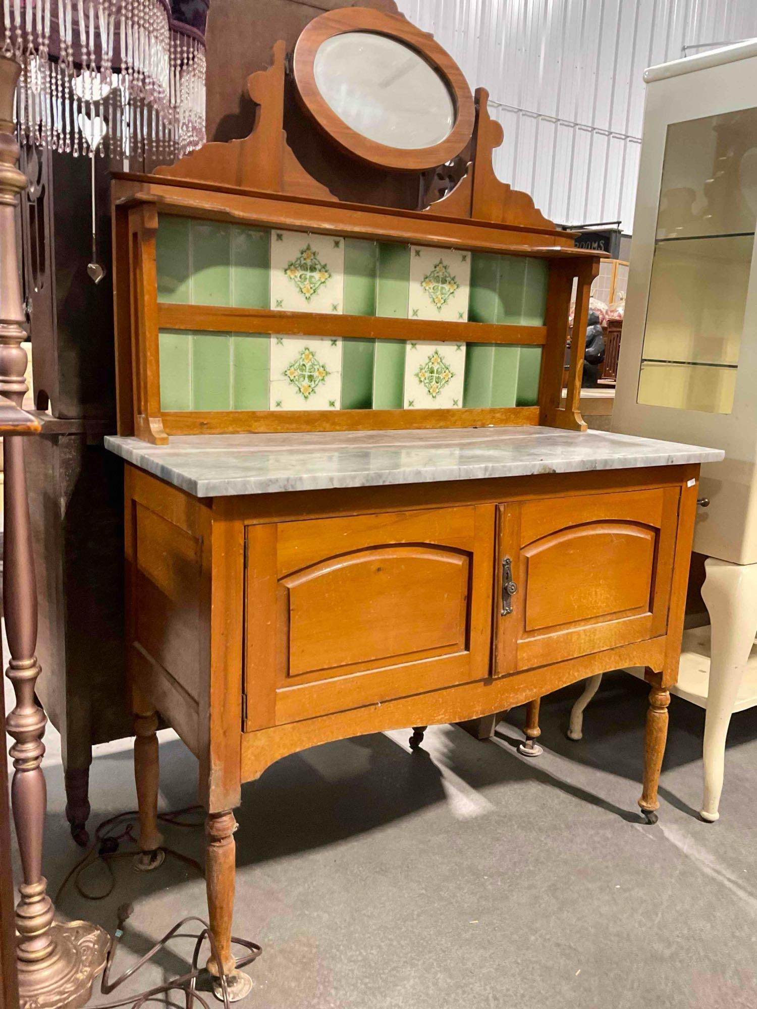 Antique Arts & Crafts Walnut Wood Washstand w/ Gray Marble Top, Green Tile Backsplash & Mirror. - 3