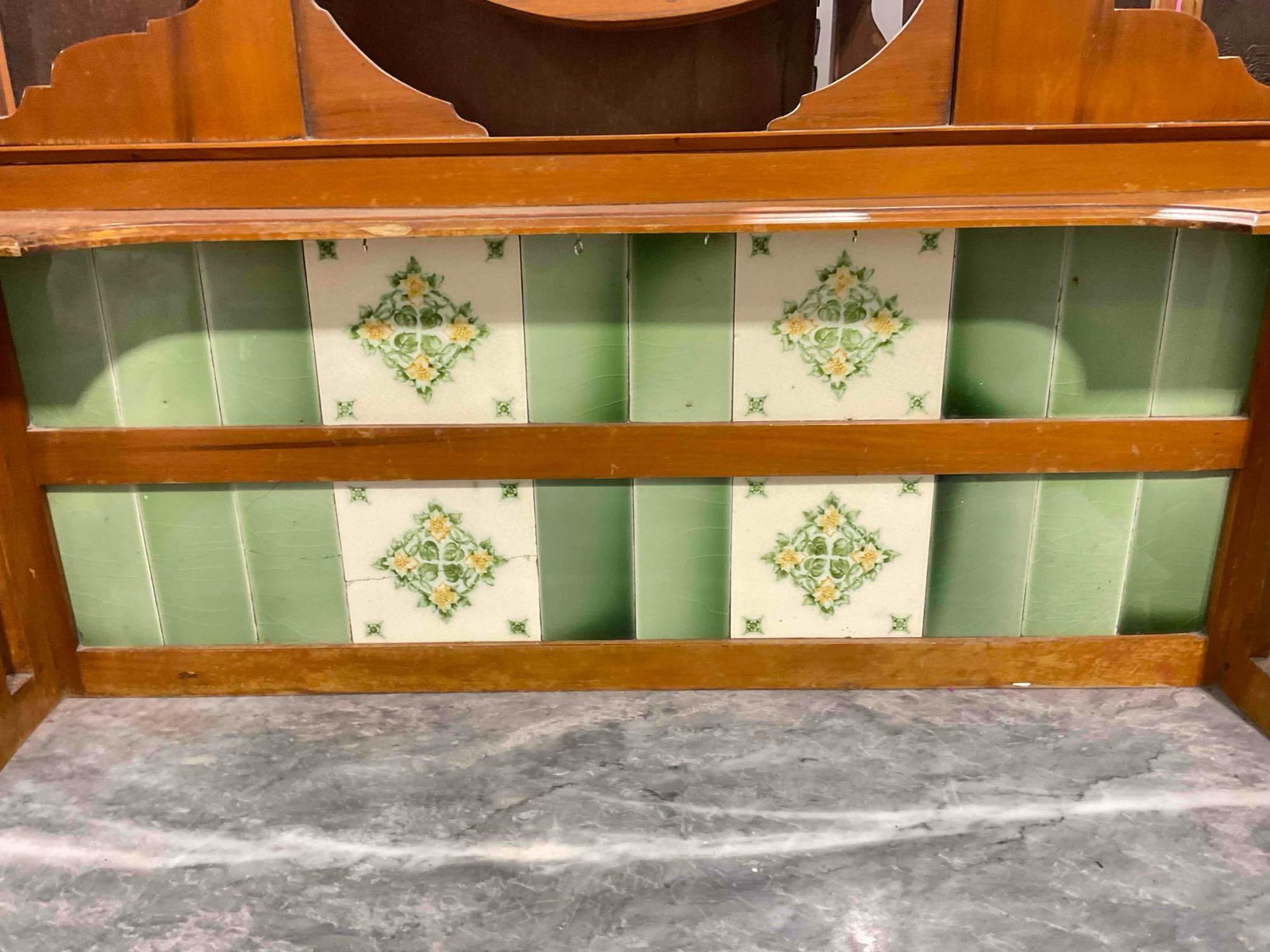 Antique Arts & Crafts Walnut Wood Washstand w/ Gray Marble Top, Green Tile Backsplash & Mirror. - 5