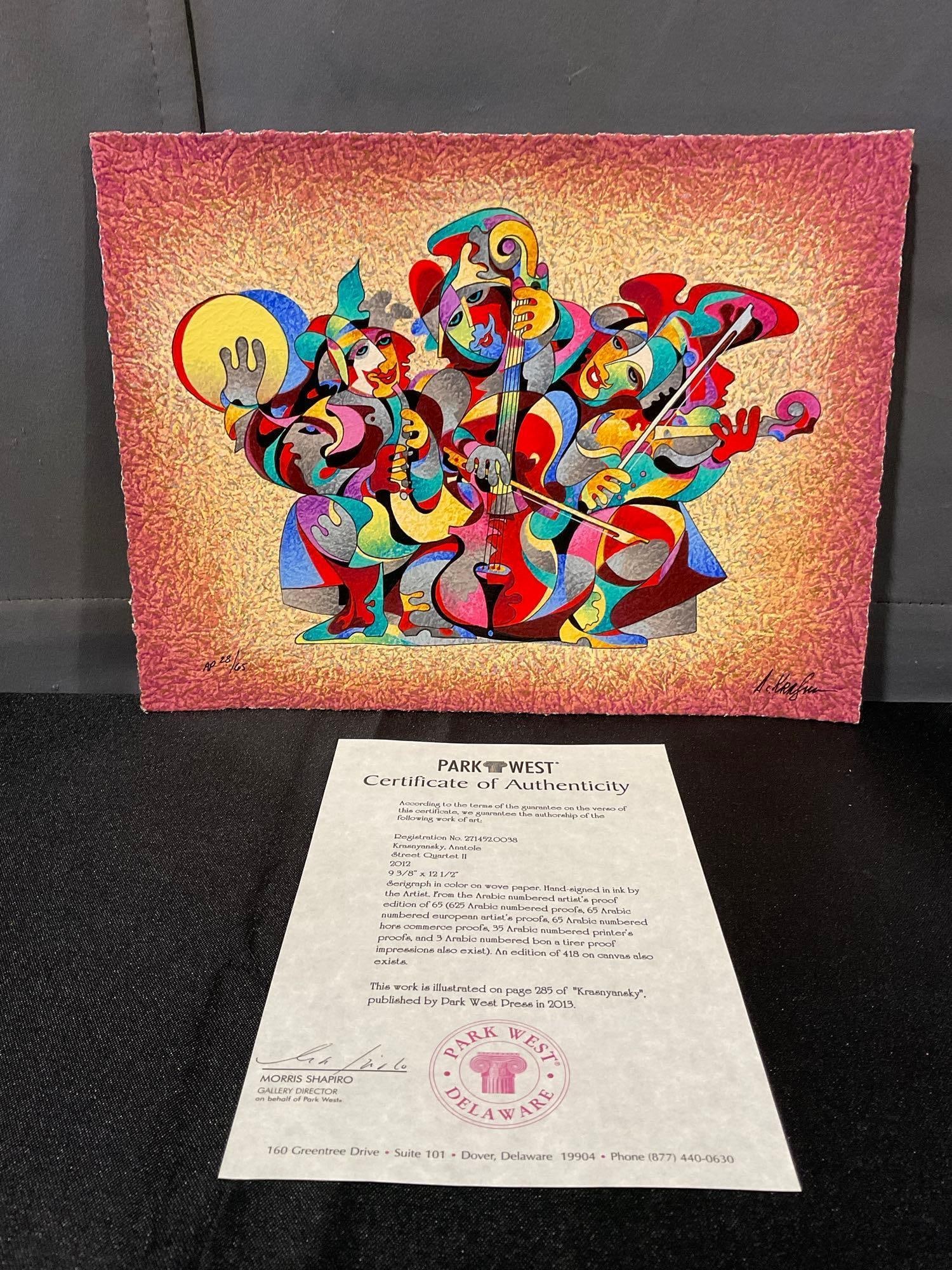 Unframed Serigraph Signed & #d AP 28/65 titled Street Quartet II by Anatole Krasnyansky, 10x14 in: Anatole Krasnyansky Renowed artist born in Ukraine in 1930 - 2023 Appears to be in good shape. The piece measures approx 10h x 14w x 2d inches. See pics. E-5980 Valued 500-1000