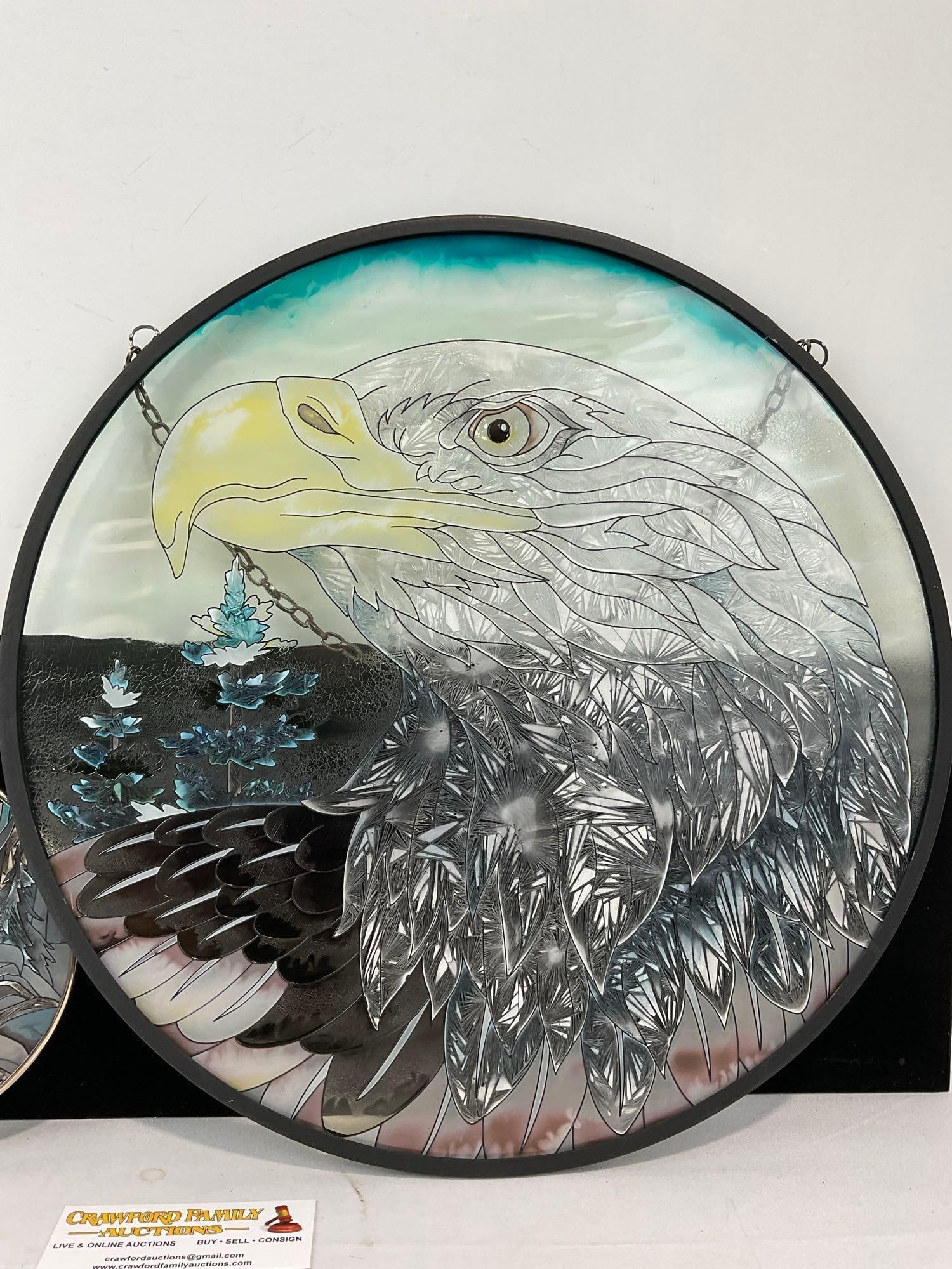 2 Faux Stained Glass Designs, Eagle Motifs, Oval & Large Round, 16 inches diameter - 3