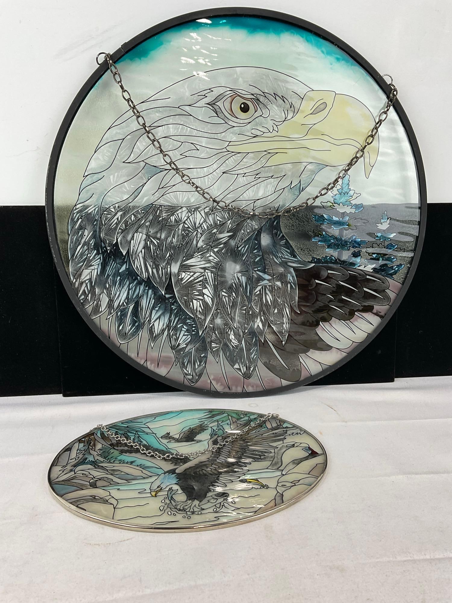 2 Faux Stained Glass Designs, Eagle Motifs, Oval & Large Round, 16 inches diameter - 4