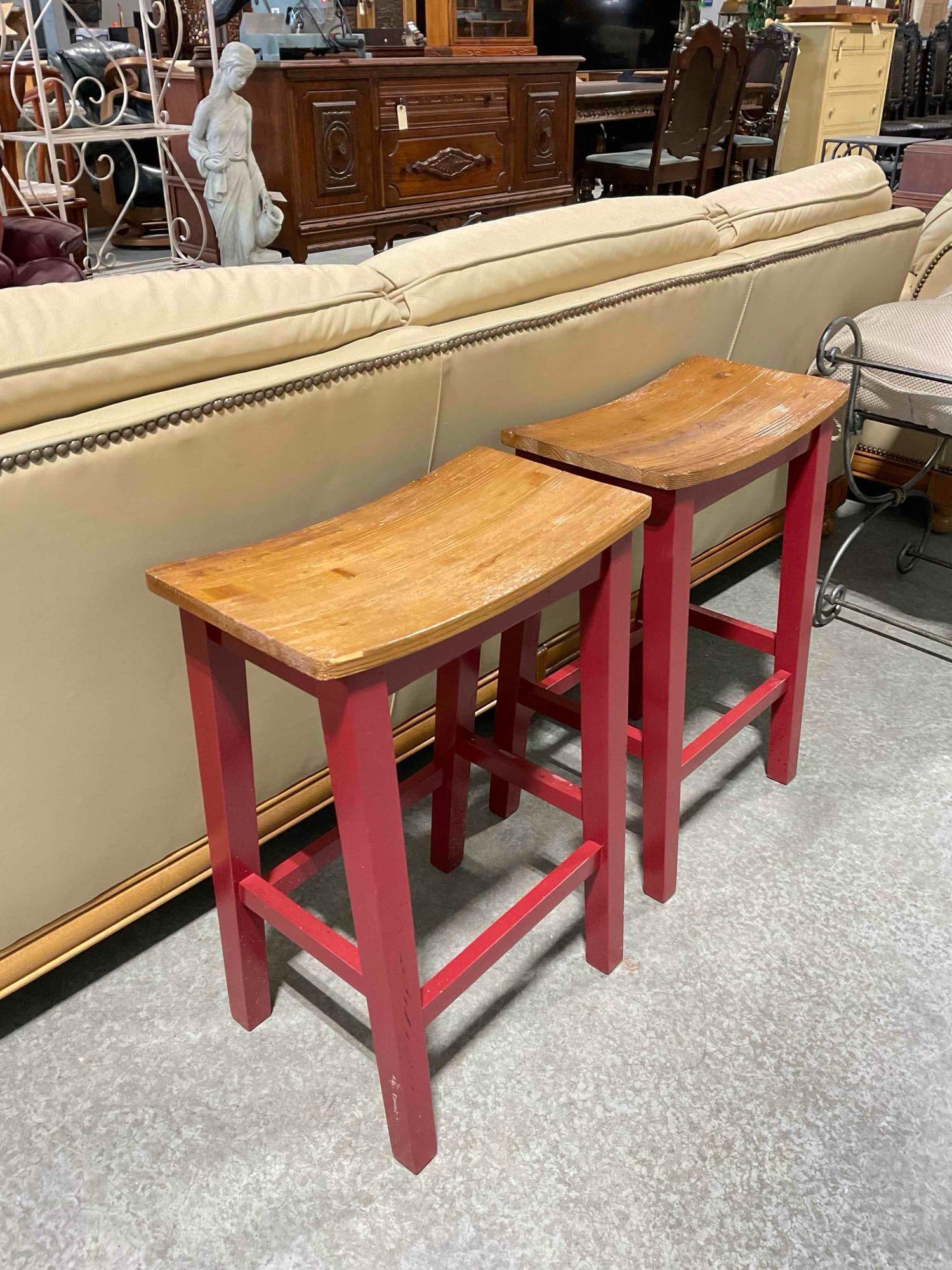 Pair of Two-Tone Wooden Kitchen Stools w/ Red Painted Base & Pine? Wood Seat. See pics. - 3