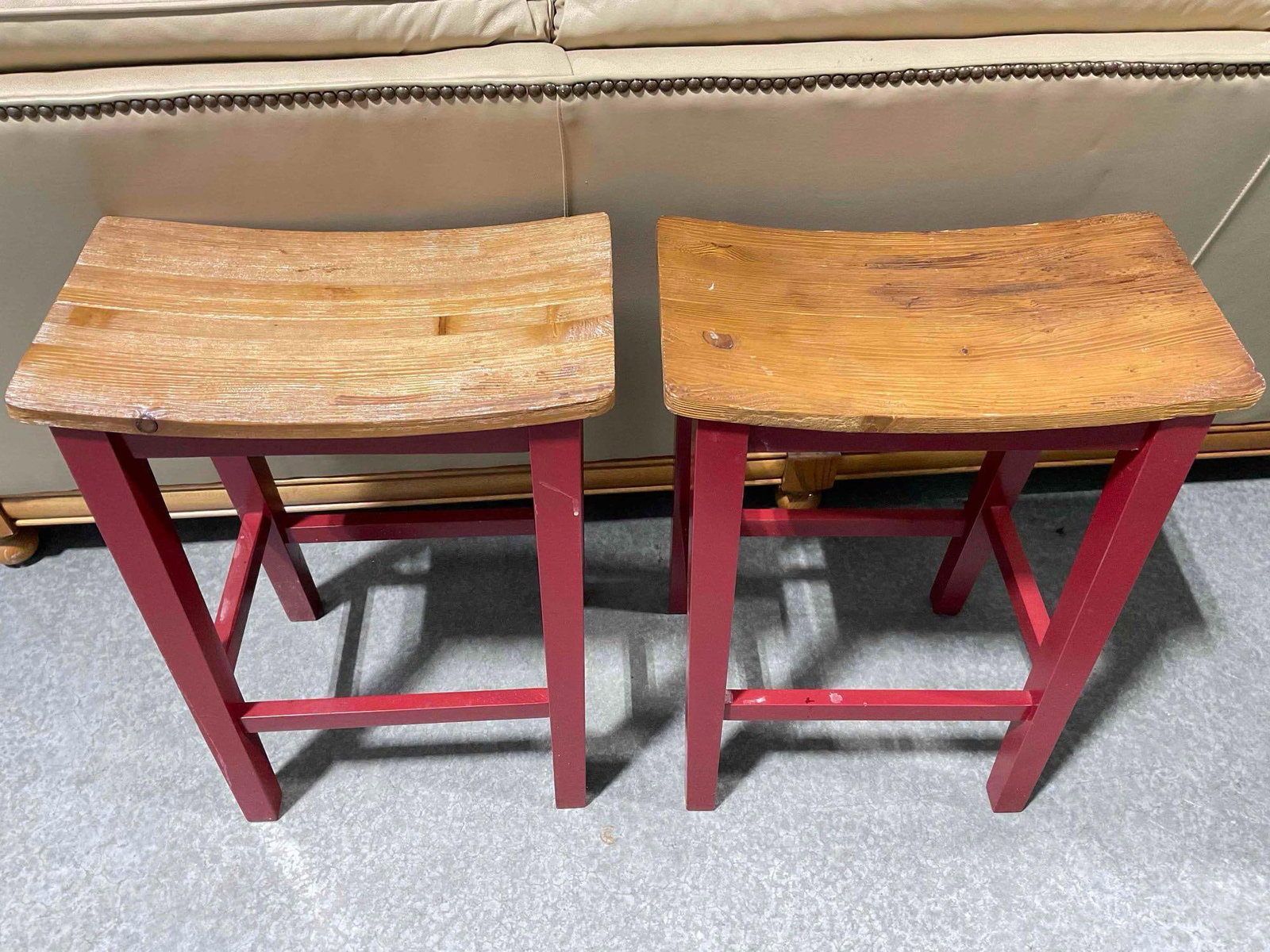 Pair of Two-Tone Wooden Kitchen Stools w/ Red Painted Base & Pine? Wood Seat. See pics. - 4