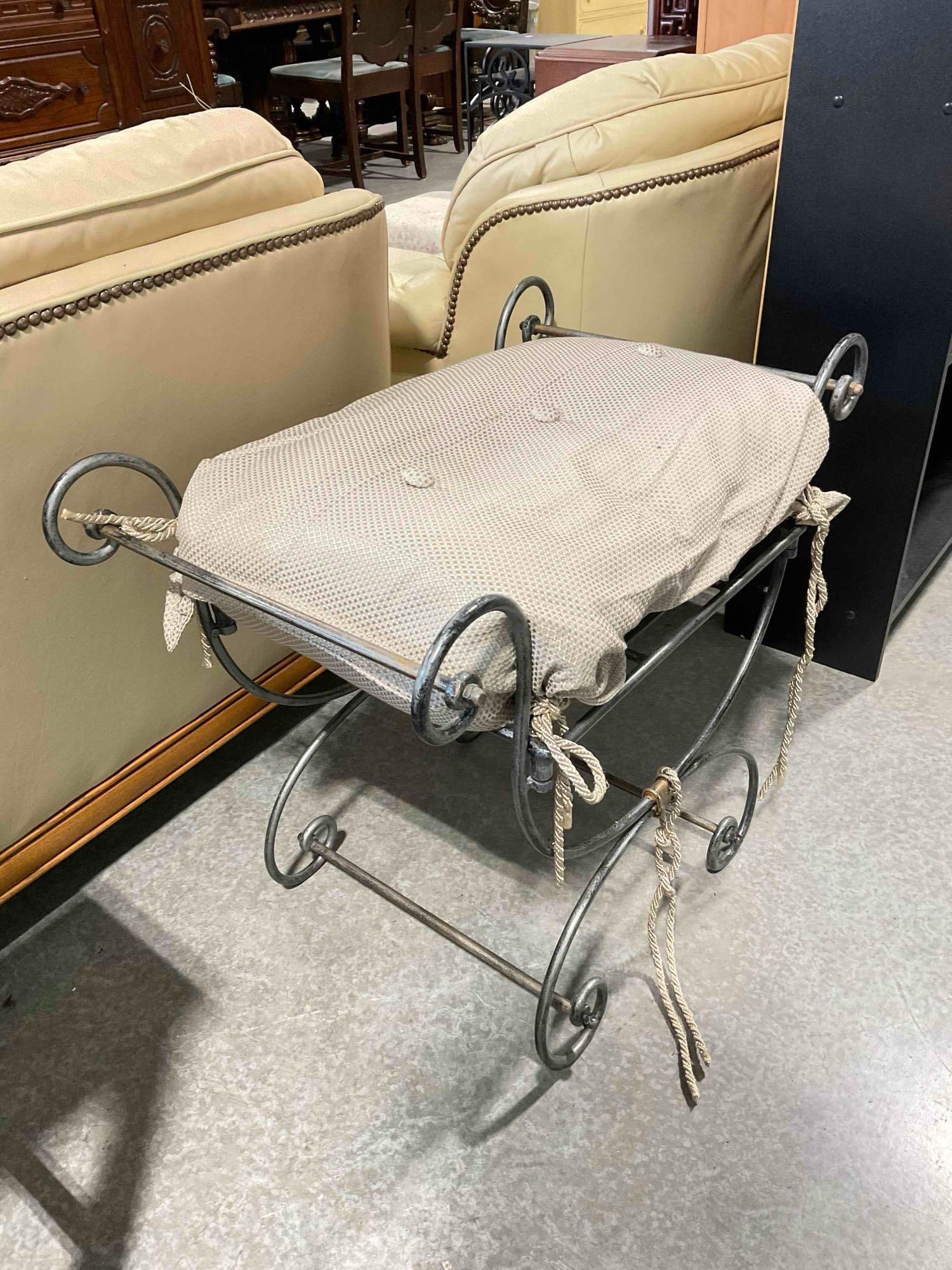 Brushed Gray Painted Metal Bench? w/ Beige Covered Cushion. Good Condition. See pics. - 3