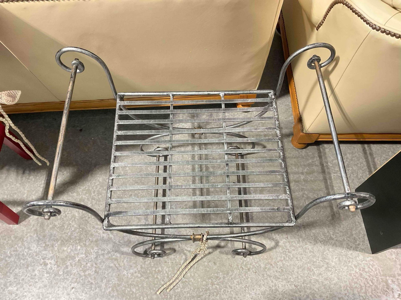 Brushed Gray Painted Metal Bench? w/ Beige Covered Cushion. Good Condition. See pics. - 4