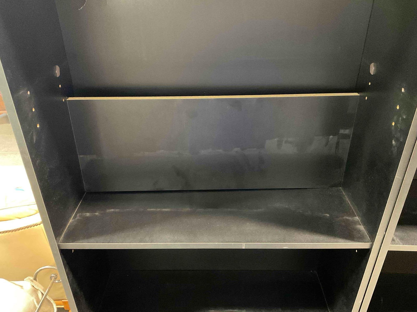 Black Pressboard 4-Shelf Book Case. Measures 27" x 10" x 69" As Is Condition. See pics. - 2