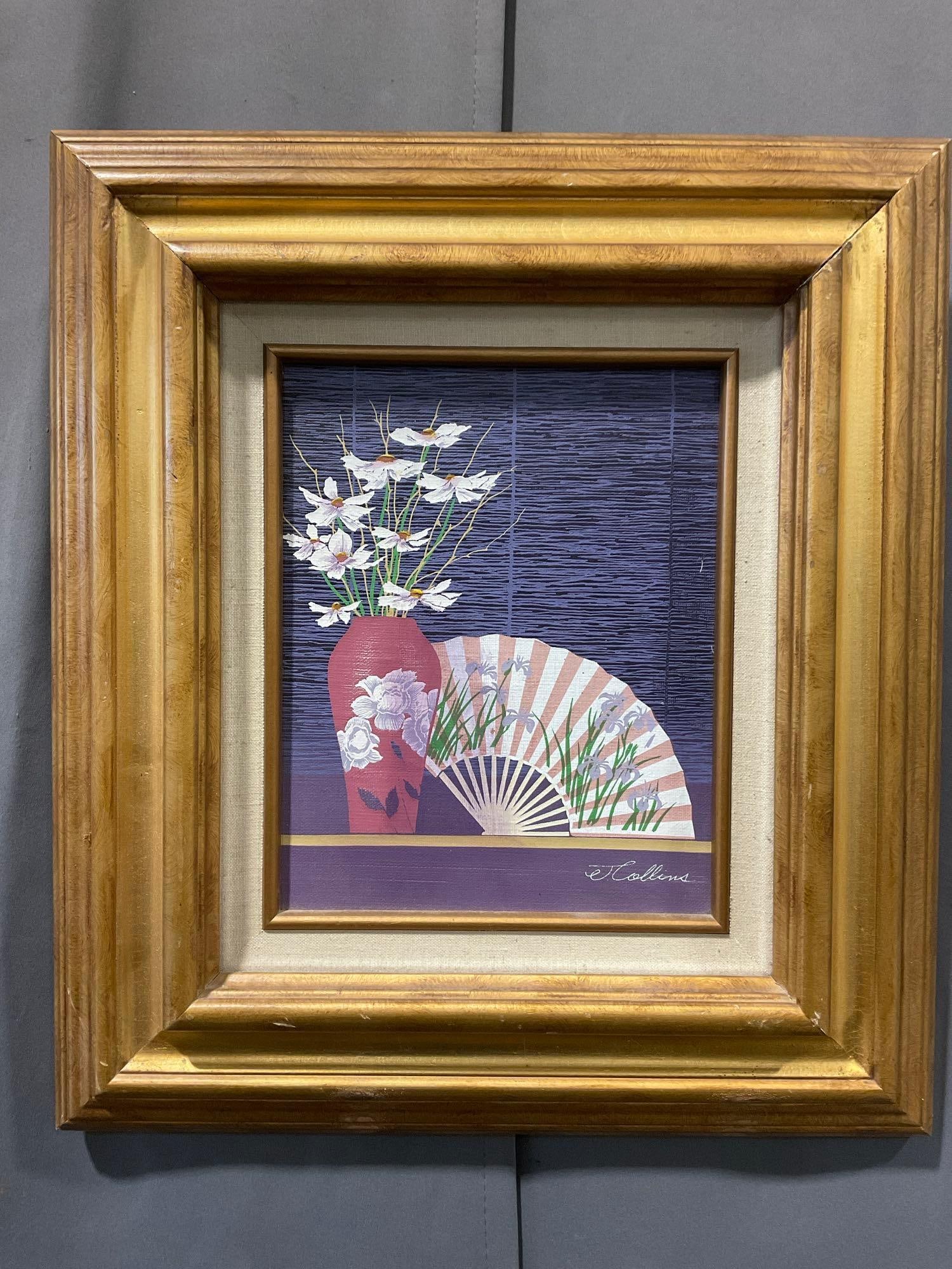 Framed Repro Serigraph, Flowers in Vase & Fan, by E Collins, very purple, 18x16 inches: Appears to be in good shape. The piece measures approx 18h x 16w x 4d inches. See pics. E-6080
