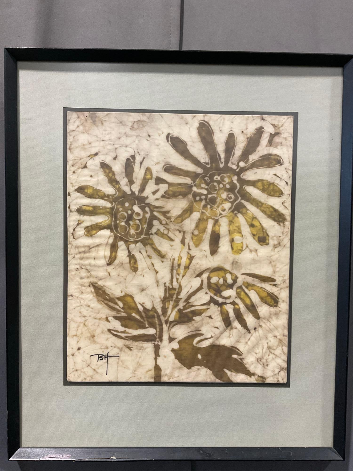 Framed Serigraph Batik Fabric Panel, Sunflower style design, signed BH, 23x19 inches: Appears to be in good shape. The piece measures approx 23h x 19w x 3d inches. See pics. E-6080