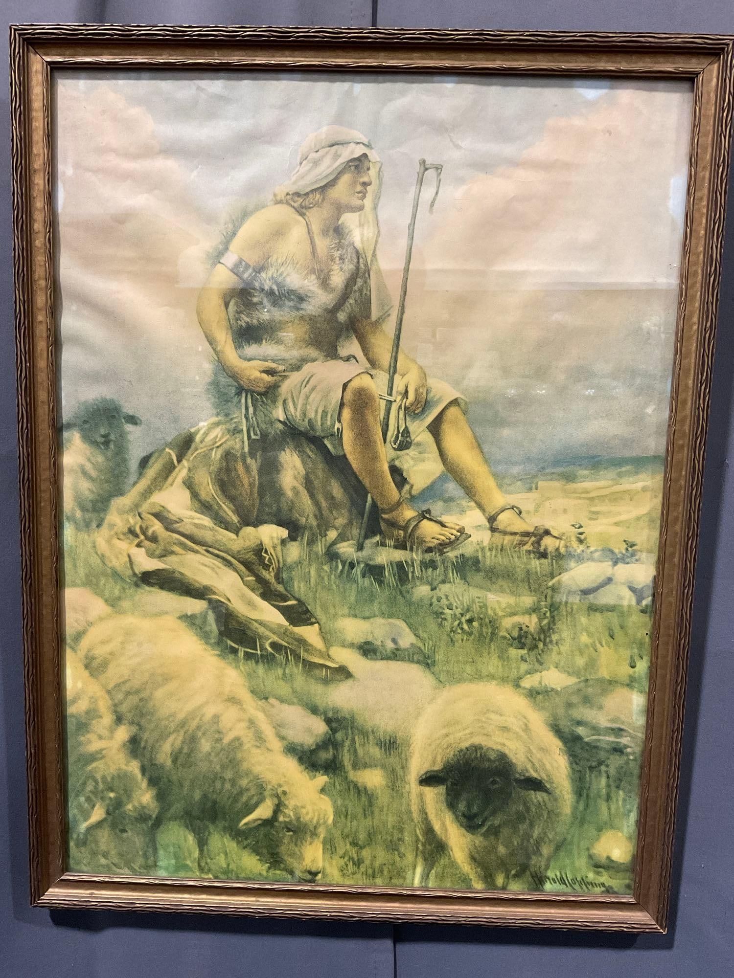 Framed Print of David the Shepherd by artist Harold Copping, 26h x 20w inches: Appears to be in good shape. The piece measures approx 26h x 20w x 3d inches. See pics. E-5860