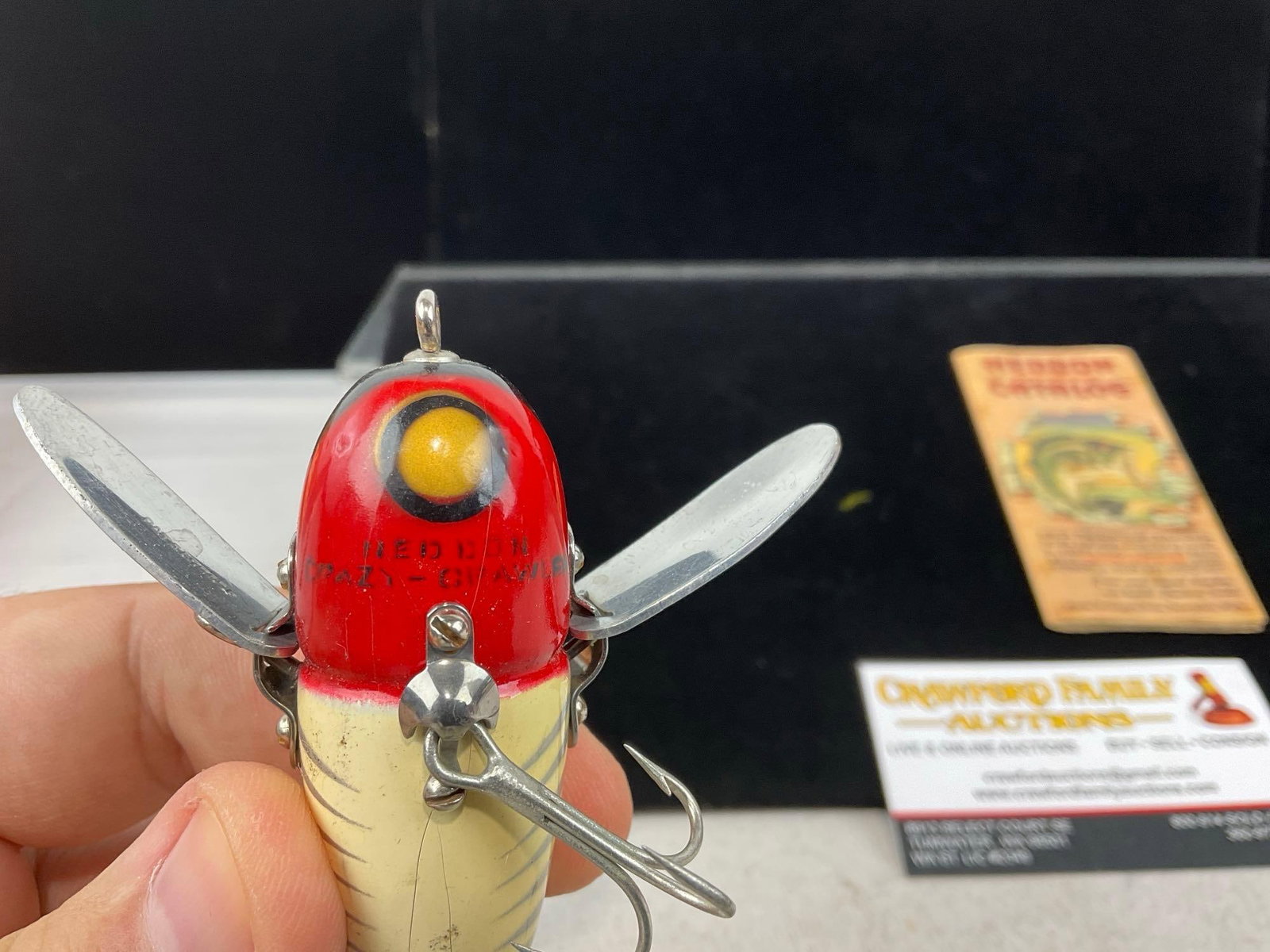 Rare Heddon Crazy-Crawler Lure, two hooks, Red/White/Silver Paint, no box w/heddon catalog - 2