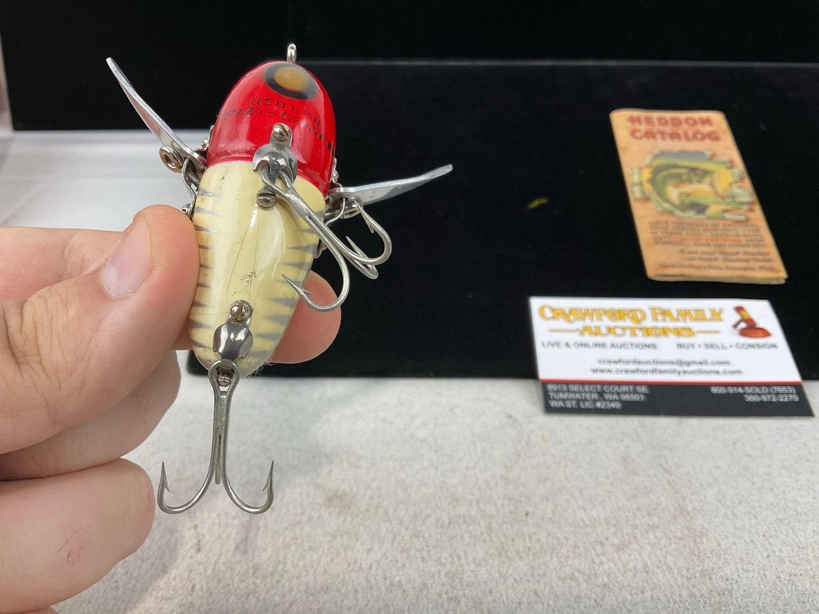 Rare Heddon Crazy-Crawler Lure, two hooks, Red/White/Silver Paint, no box w/heddon catalog - 3
