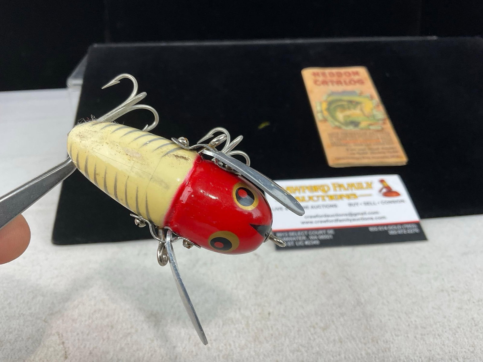 Rare Heddon Crazy-Crawler Lure, two hooks, Red/White/Silver Paint, no box w/heddon catalog - 4