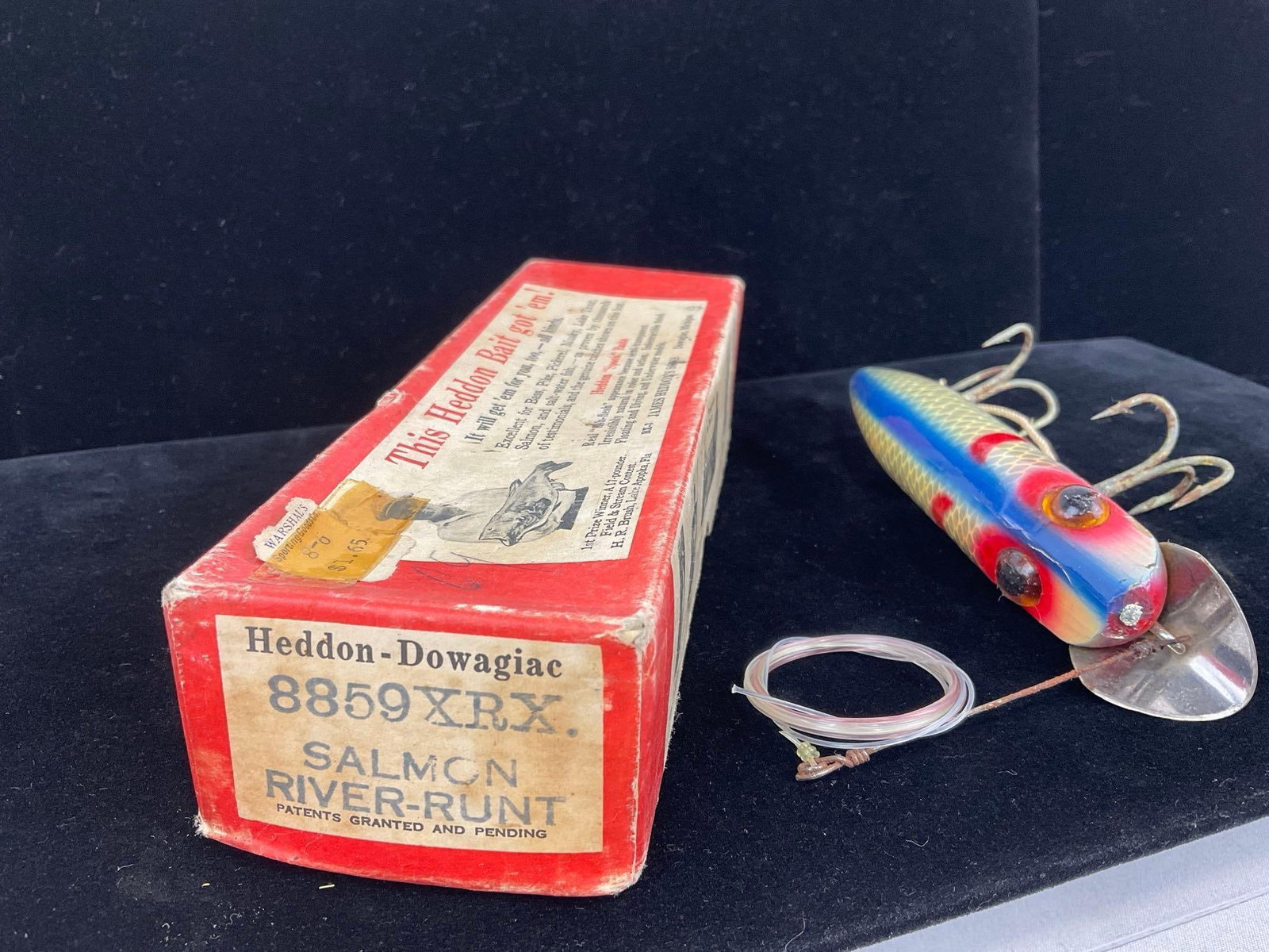 Vintage Heddon Salmon River Runt Lure, w/box, 8859XRX, Silver, Blue stripe, two hooks - 2