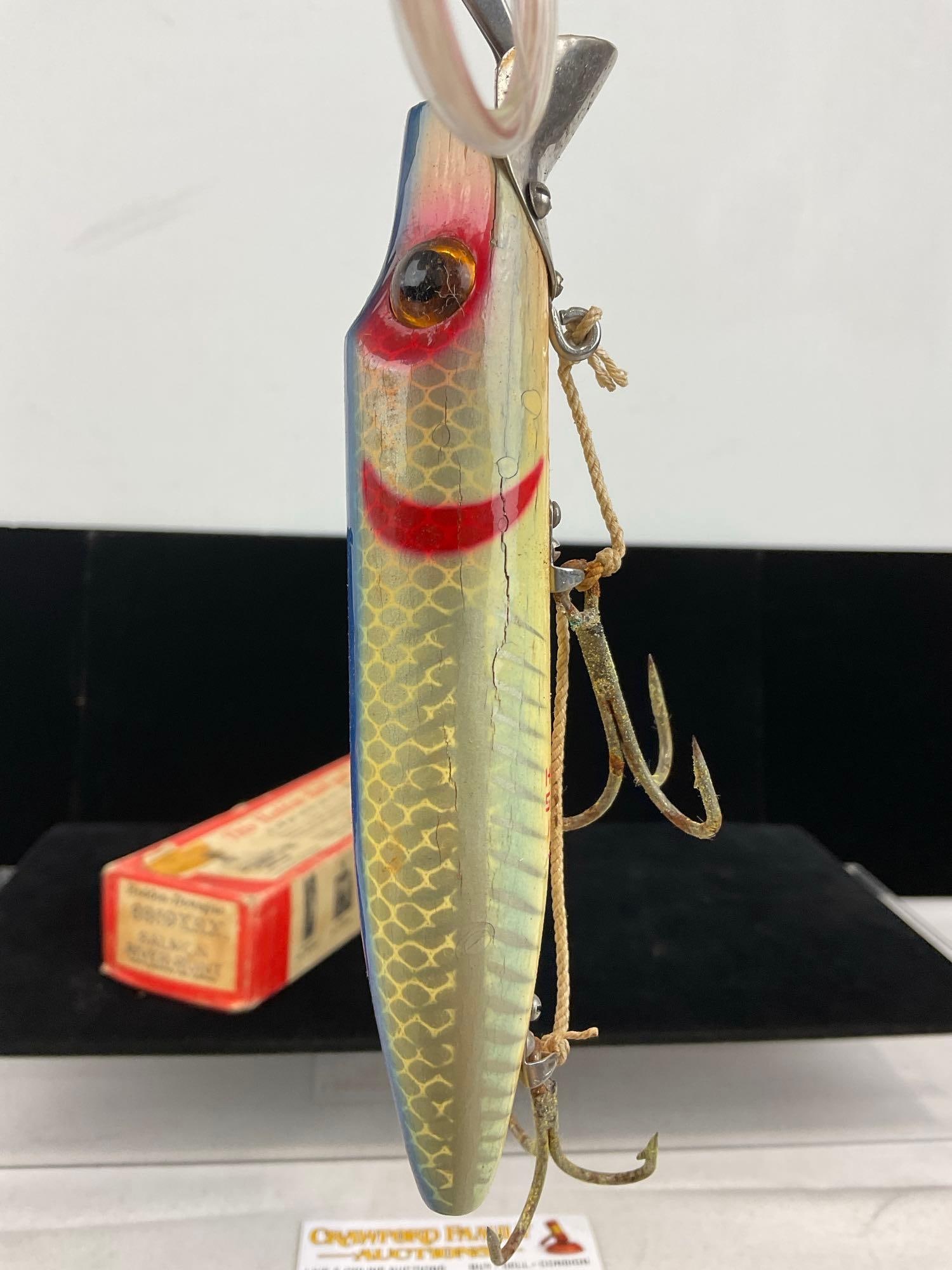 Vintage Heddon Salmon River Runt Lure, w/box, 8859XRX, Silver, Blue stripe, two hooks - 4
