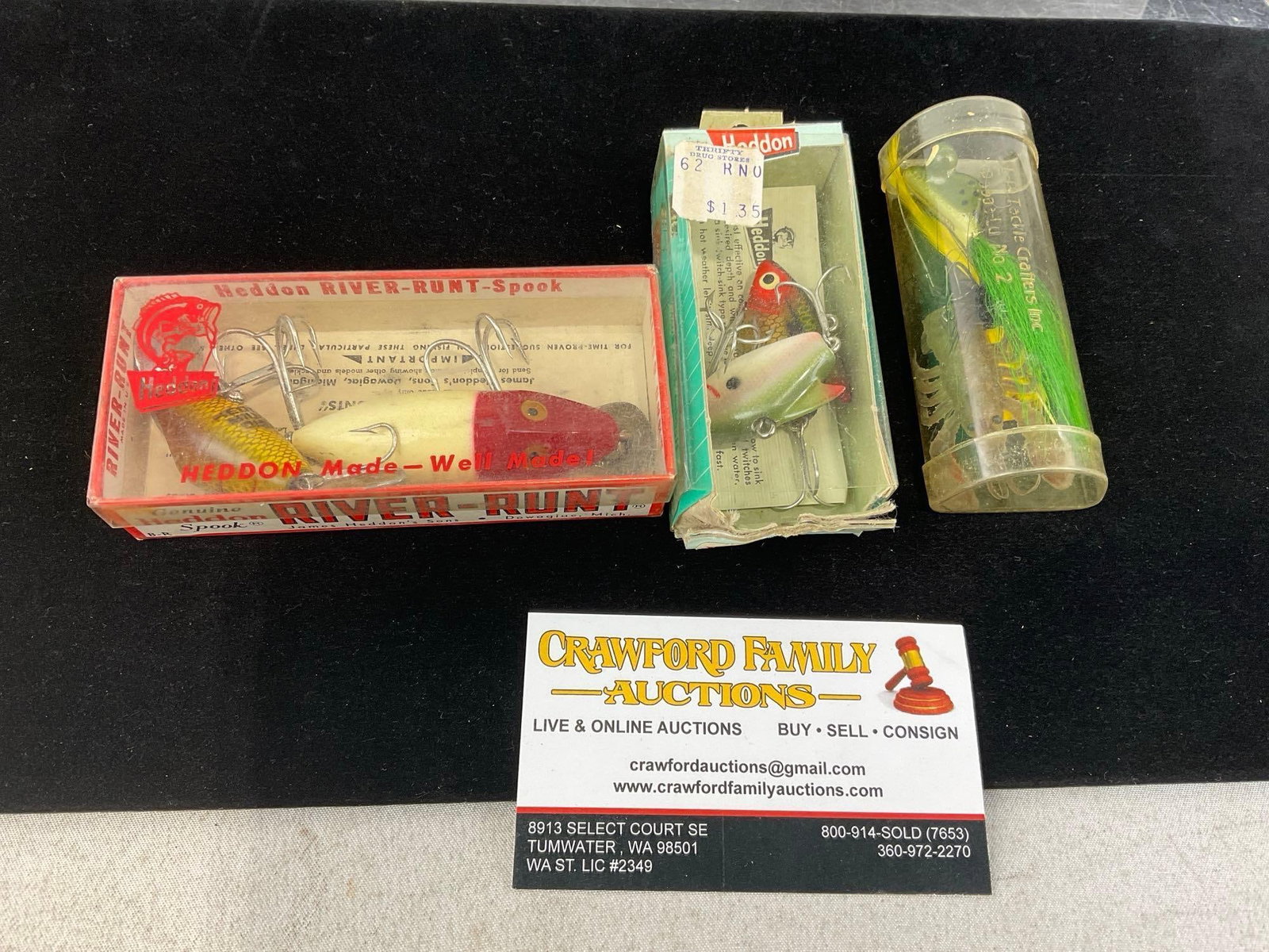 Fishing Lures, 5 Heddon pieces, River Runt Spook Sinker & Midgit, 2x Sonics, Pop Eye, & 2 more pi...: Appears to be in good shape. The piece measures approx 4h x 5w x 3d inches. See pics. E-6160