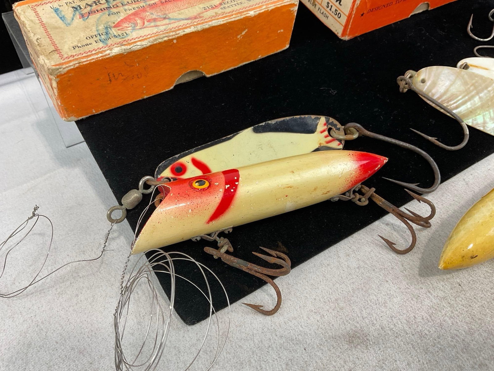 Fishing Lures, w/2 Martin Boxes, C.F.Forcier piece?, Martin Pearl Plug, Flashers & more - 2