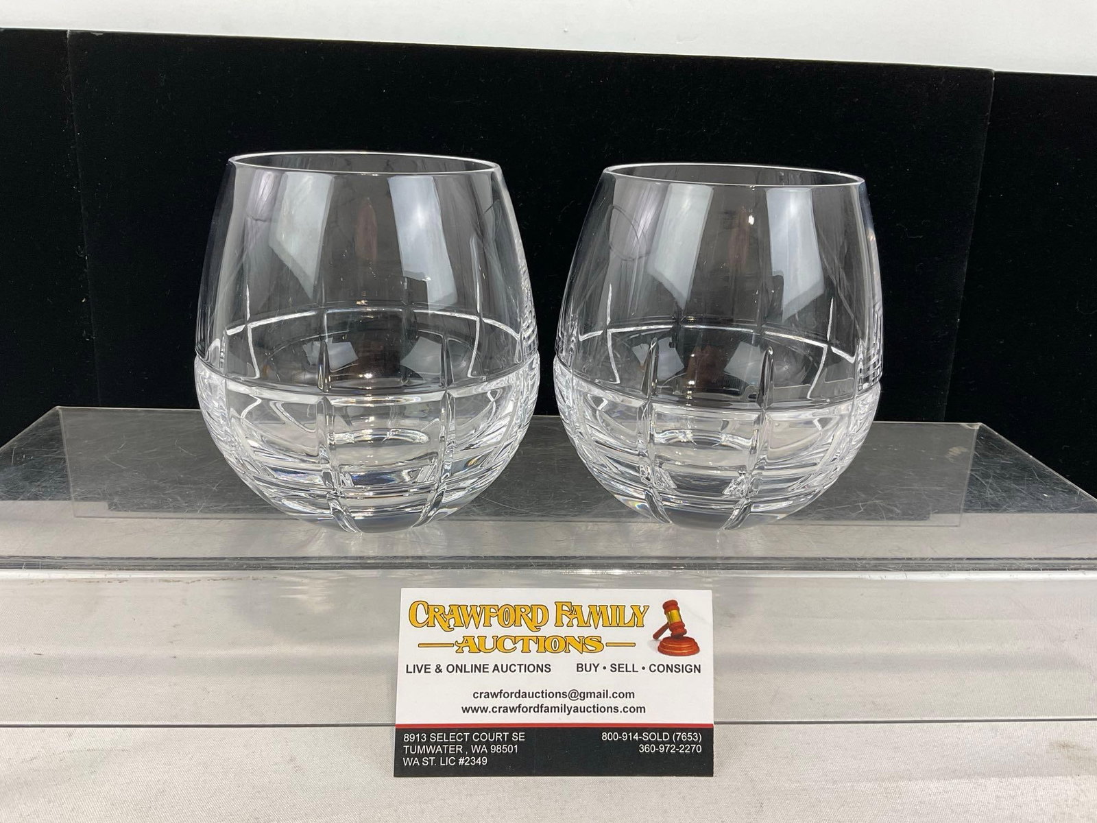 Pair of Waterford Crystal Stemless Wine Glasses, Harper Pattern, Cut Crystal: Appears to be in good shape. The piece measures approx 5h x 8w x 5d inches. See pics. E-6190