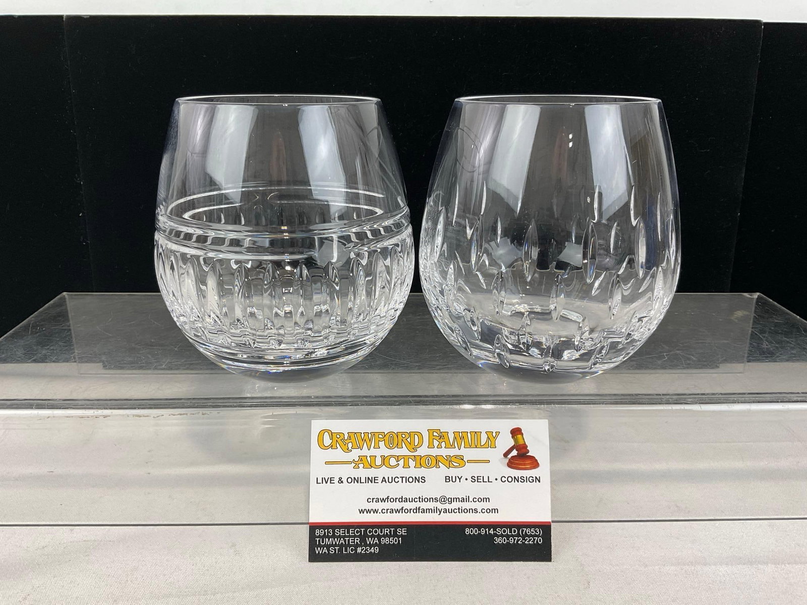 Pair of Waterford Crystal Stemless Wine Glasses, 1x Lismore Essence & 1x Addison pattern: Appears to be in good shape. The piece measures approx 5h x 8w x 5d inches. See pics. E-6190