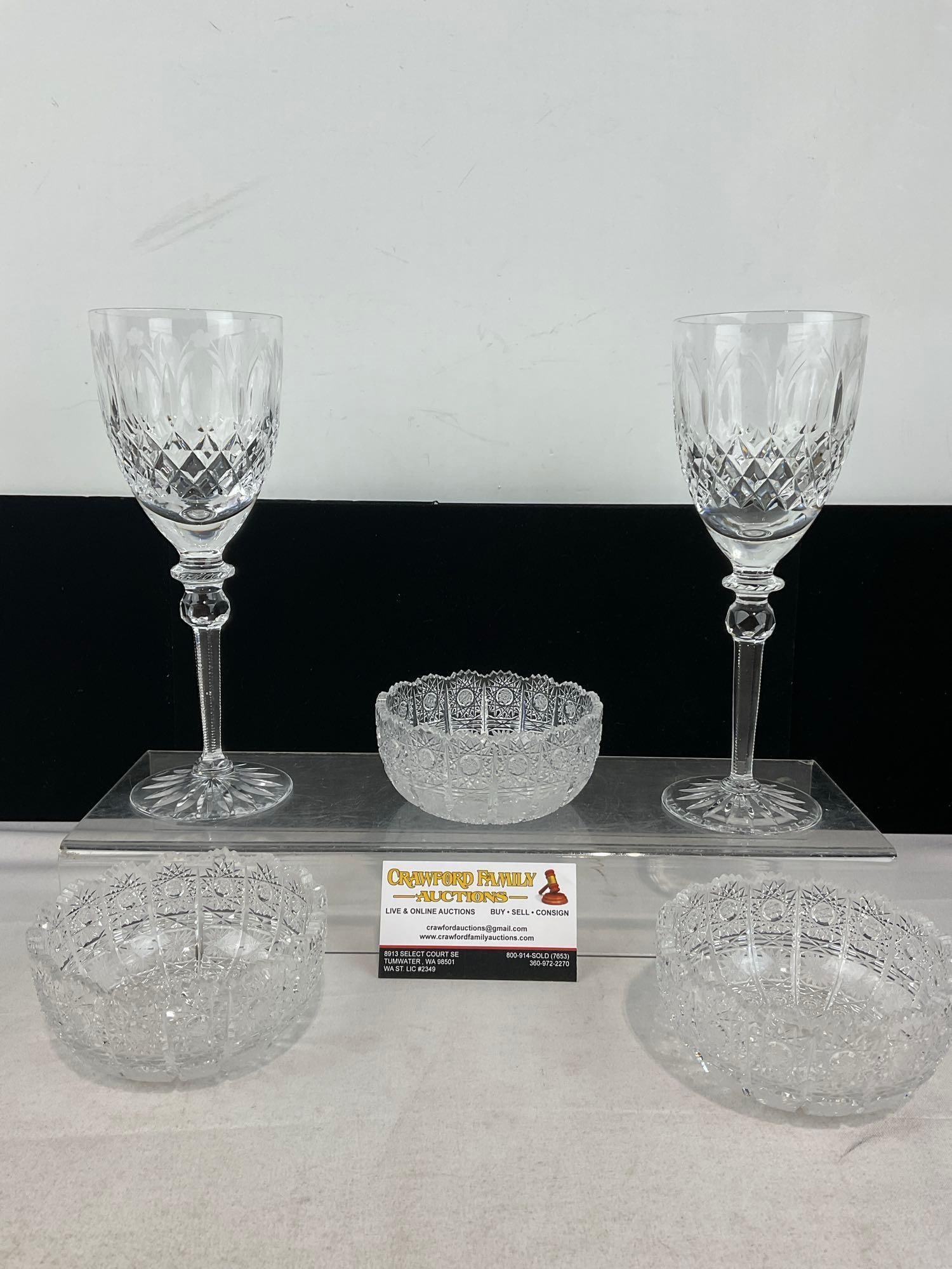 Pair of Rogaska Crystal Wine Glasses & 3 Queen Lace Bohemian Candy Dishes: Appears to be in good shape. The piece measures approx 6h x 12w x 11d inches. See pics. E-6190