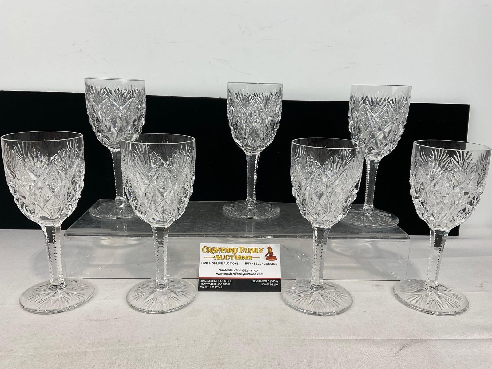 7 French St Louis Cristal Water Goblets, Florence (Pineapple Cut) Pattern: Appears to be in good shape. The piece measures approx 7h x 12w x 9d inches. See pics. E-6190