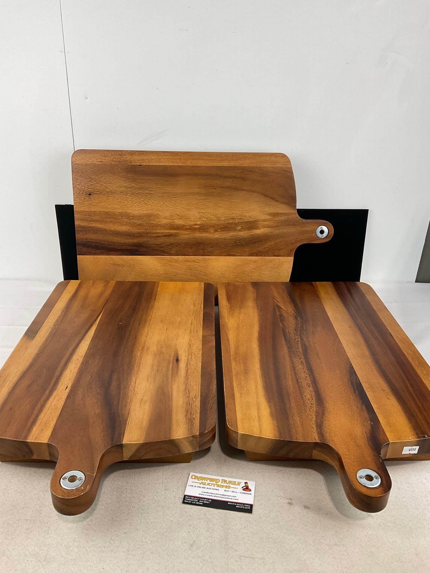 Set of 3 Handcrafted Acacia Wood Cutting Boards, Made in Thailand: Appears to be in good shape. The piece measures approx 8h x 25w x 14d inches. See pics. E-6190