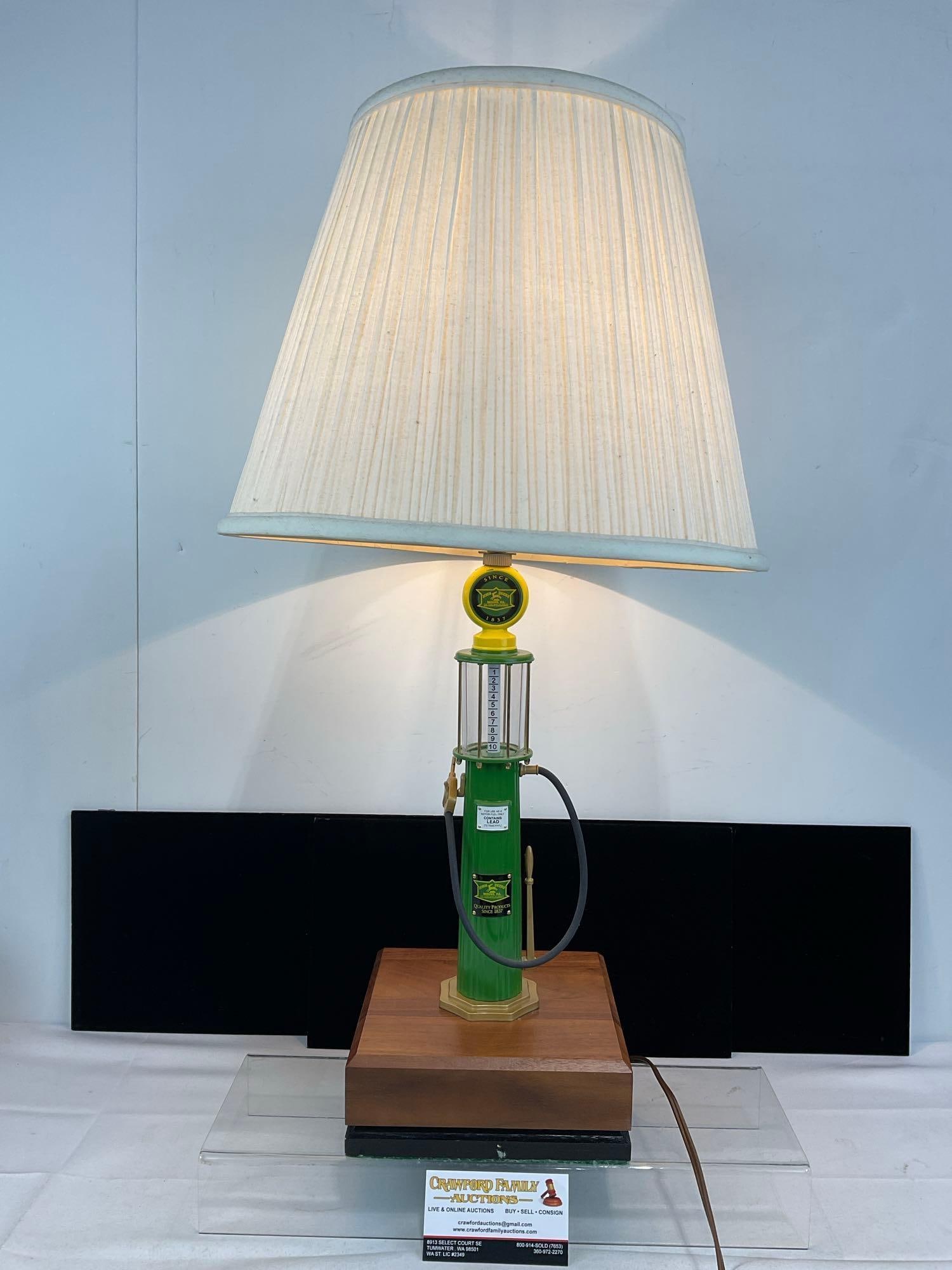 John Deere 1930s Wayne Gas Pump Scale Replica Decorative Lamp, tested & working: Appears to be in good shape. The piece measures approx 27h x 15w x 15d inches w/the shade. See pics. E-6260