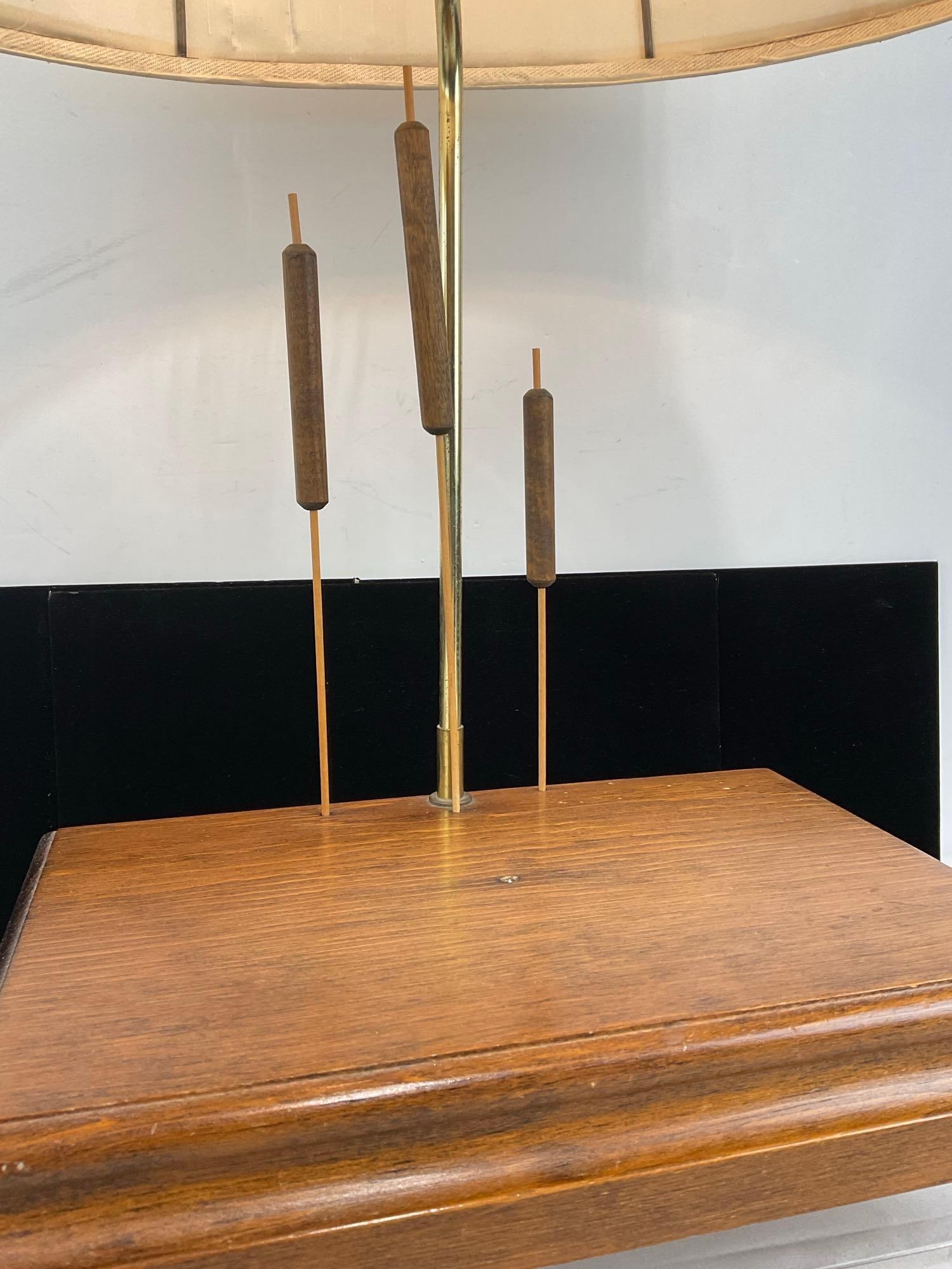 Vintage Table Lamp, 3 Wooden Cattails, w/White Shade, tested & working - 2