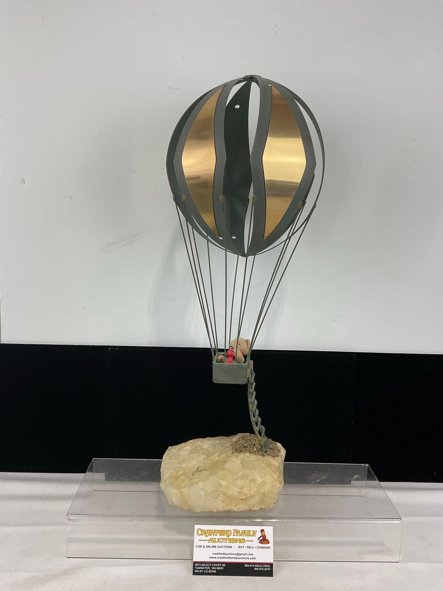 Hot Air Balloon Figure, Bronze w/Brass Strips, Mounted on Onyx, 20h x 8w x 6d: Appears to be in good shape. The piece measures approx 20h x 8w x 6d inches. See pics. E-6260