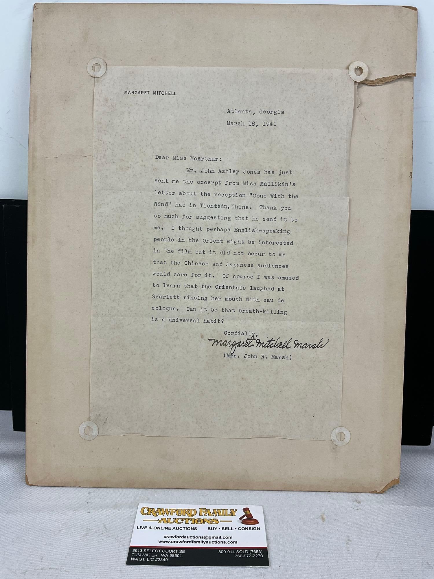 Margaret Mitchell (Author of Gone With the Wind) Letter, discusses screening in China, Mar 18 1941: Very Rare Authentic Typed Letter, w/signature below.Letter was sent ot estates Family Member Miss McArthur See pic for content of letter. Appears to be in good shape. The piece measures