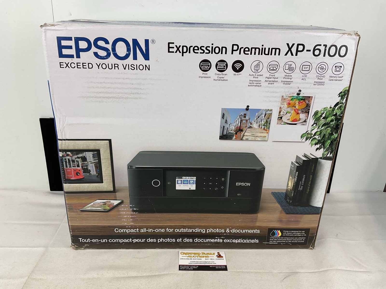 Epson Expression Premium XP-6100 Wireless Inkjet All-In-One Color Printer NIB: Previously sealed, opened to verify contents. Appears to be in good shape, box has a little shelf wear. The piece measures approx 17h x 20w x 9d inches. See pics. E-5760