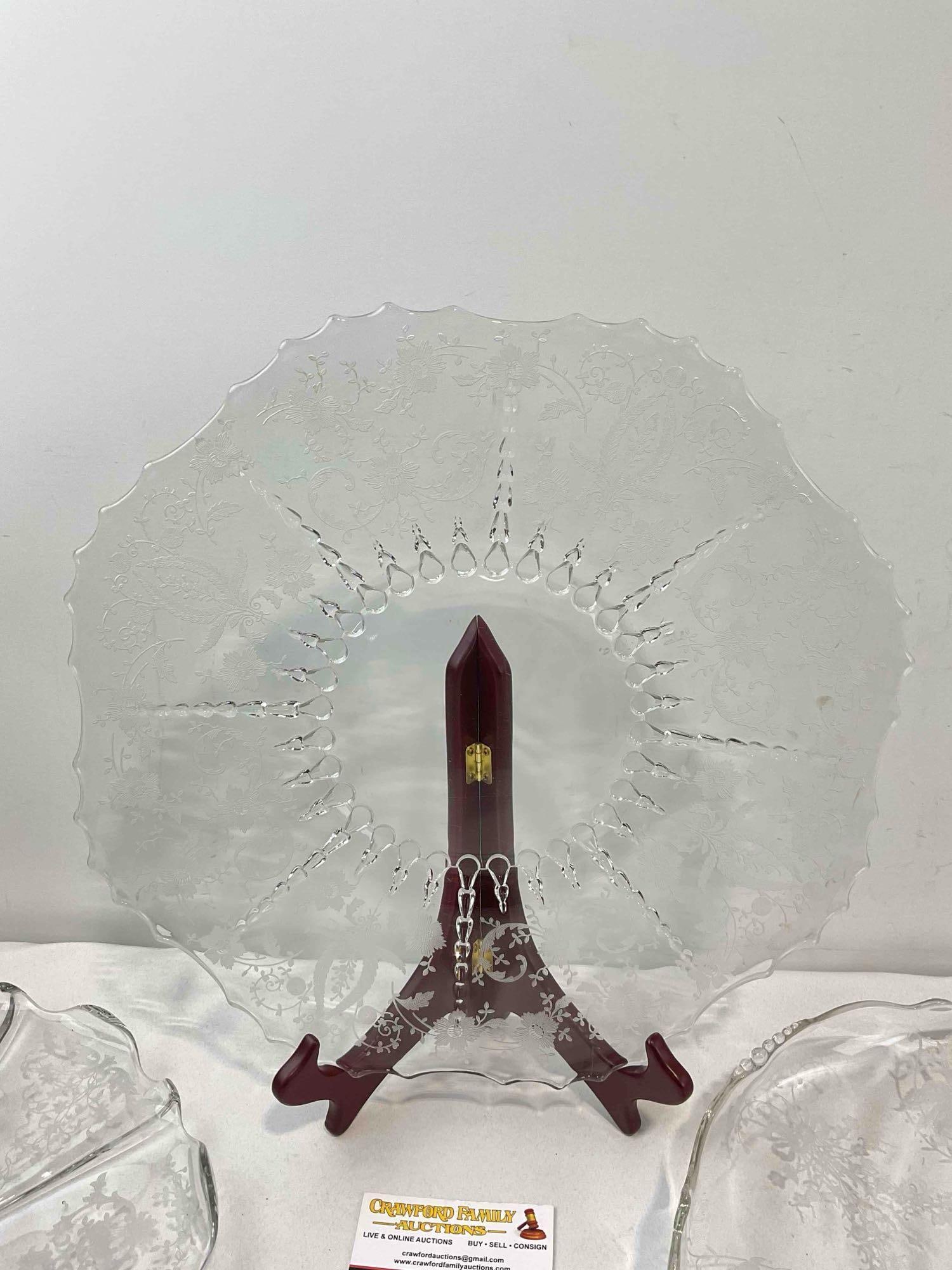 3 pcs Vintage Lovely Etched Glass Platters incl. Heisey, New Martinsville & Fostoria. See pics. - 2