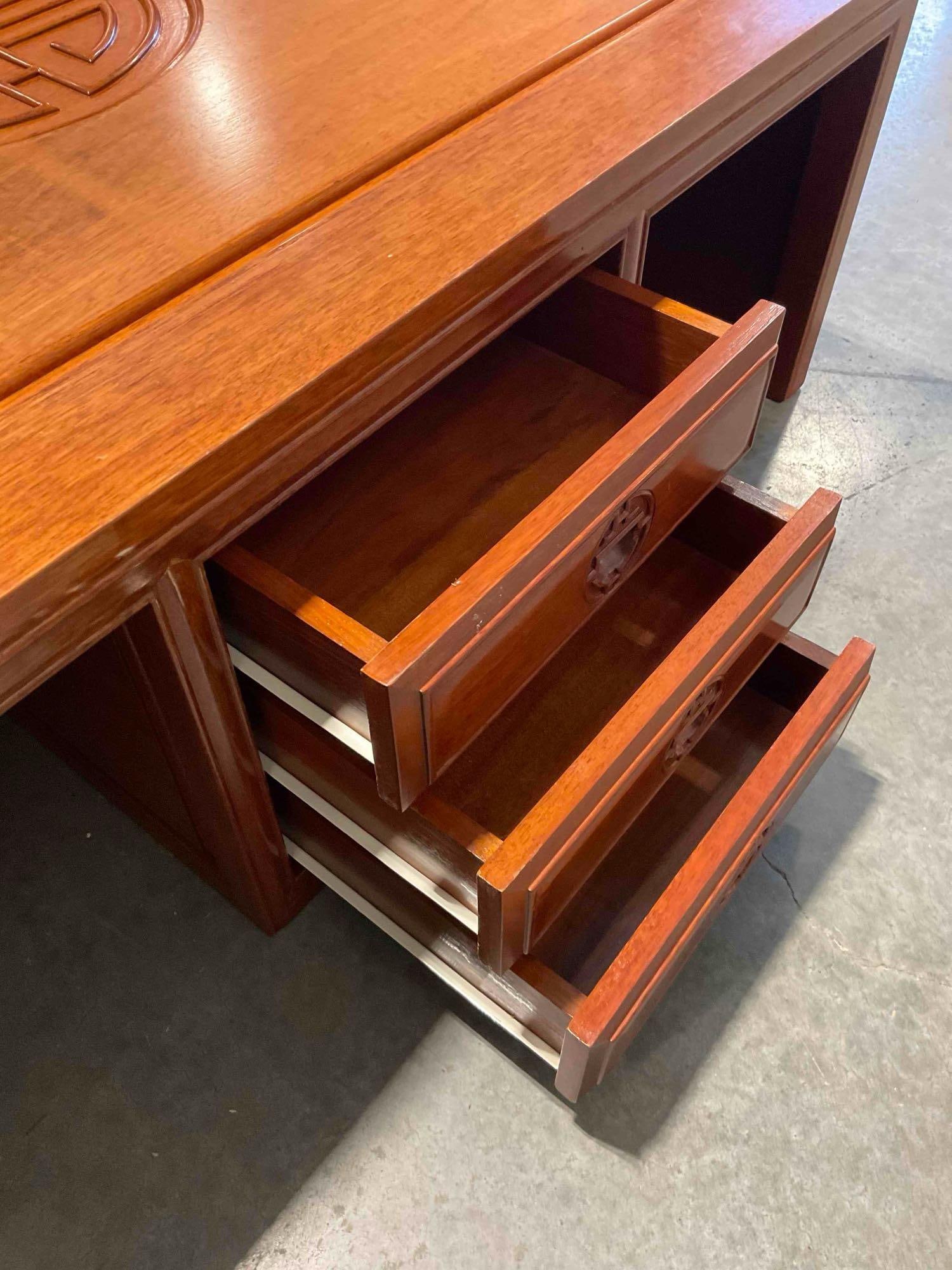 Handsome Vintage Asian Style Rosewood Low Table w/ 6 Drawers & Carved Longevity Symbol. - 7